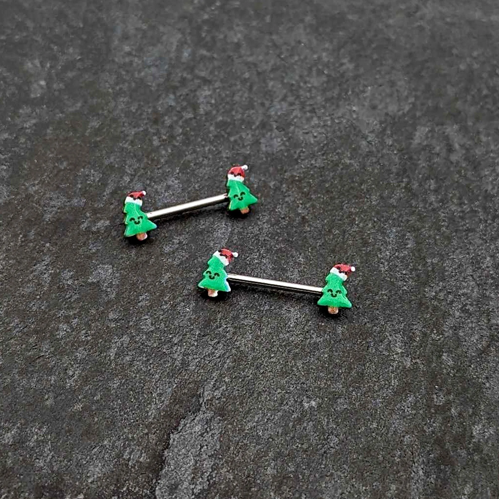 14 Gauge 9/16 Happy Christmas Tree Hat Barbell Nipple Ring Set