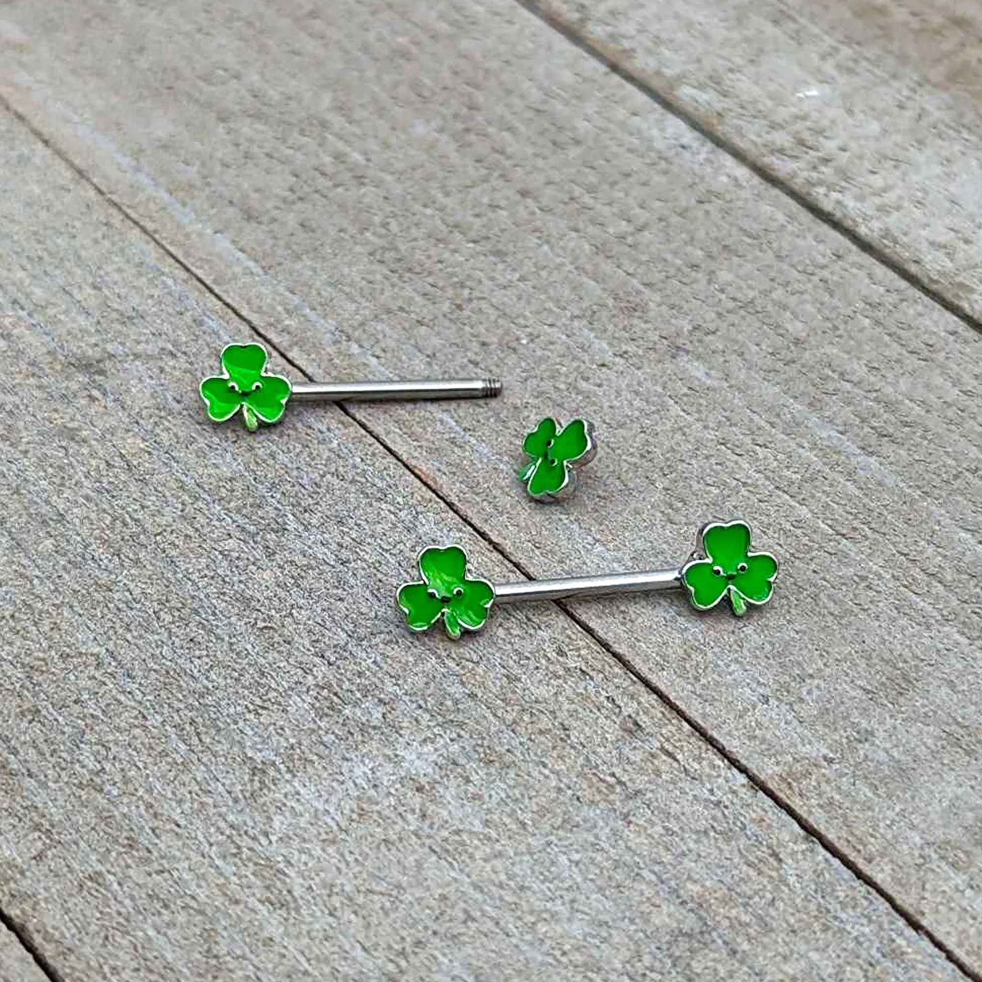 14 Gauge 9/16 Kawaii Smile Shamrock St Patricks Barbell Nipple Ring Set