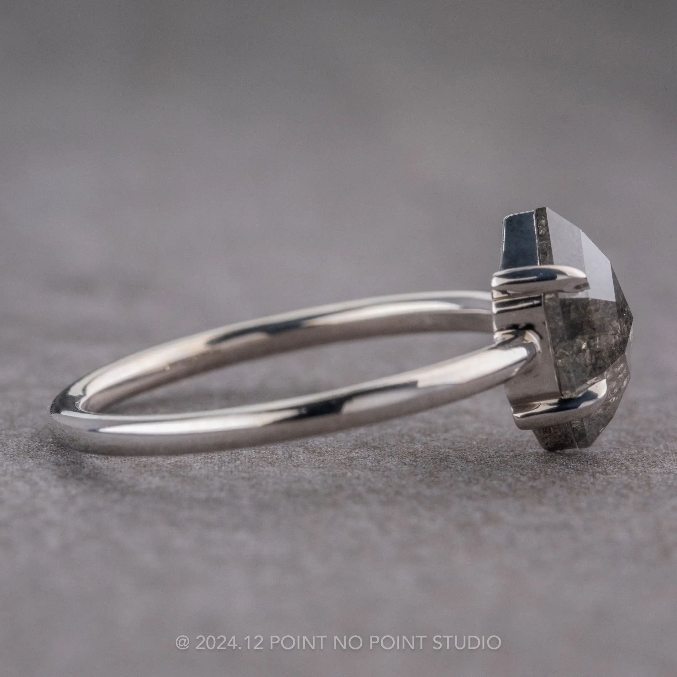 1.43 Carat Black Speckled Hexagon Diamond Engagement Ring, Jane Setting, 14k White Gold