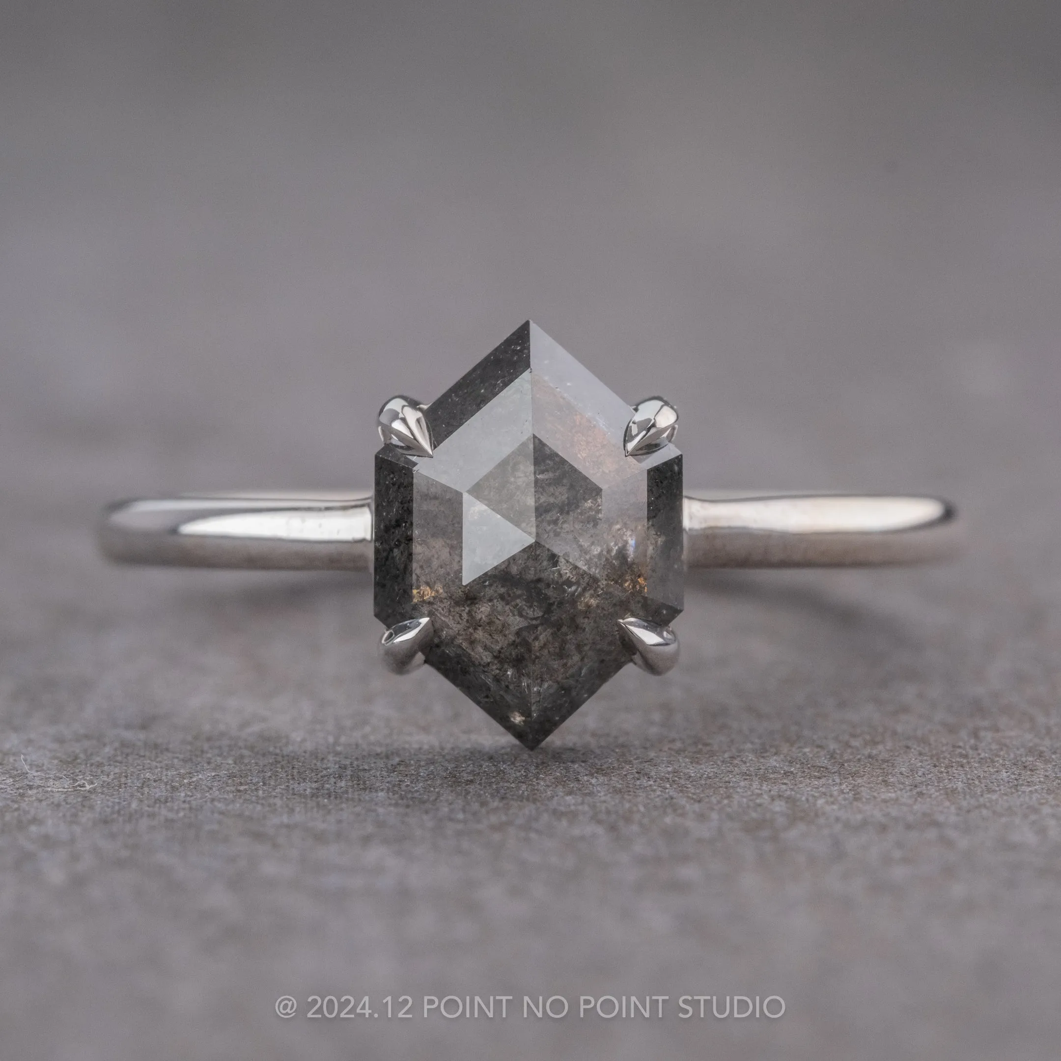 1.43 Carat Black Speckled Hexagon Diamond Engagement Ring, Jane Setting, 14k White Gold