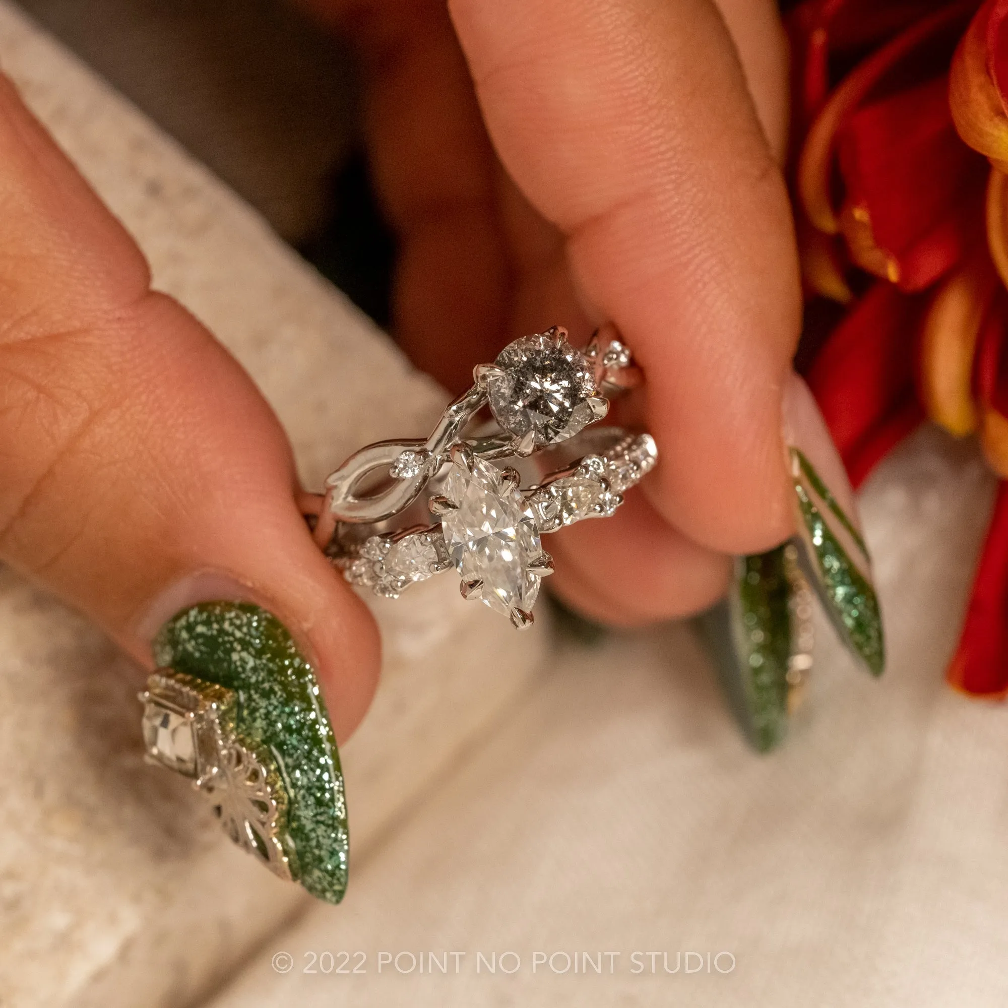 1.45 Carat Salt and Pepper Diamond Engagement Ring, Wisteria Thorns Setting, Platinum
