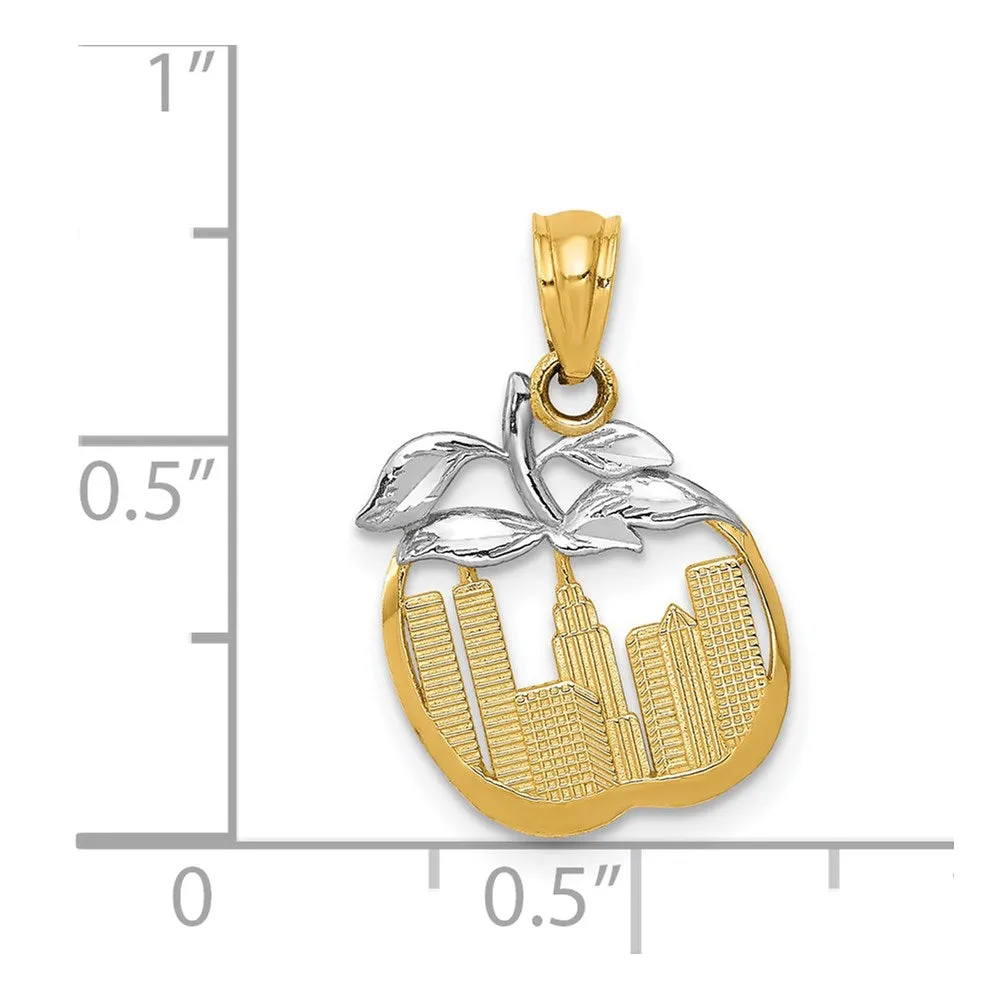 14k Yellow Gold & Rhodium with White Gold Rhodium Cut-out New York Skyline in Apple Pendant