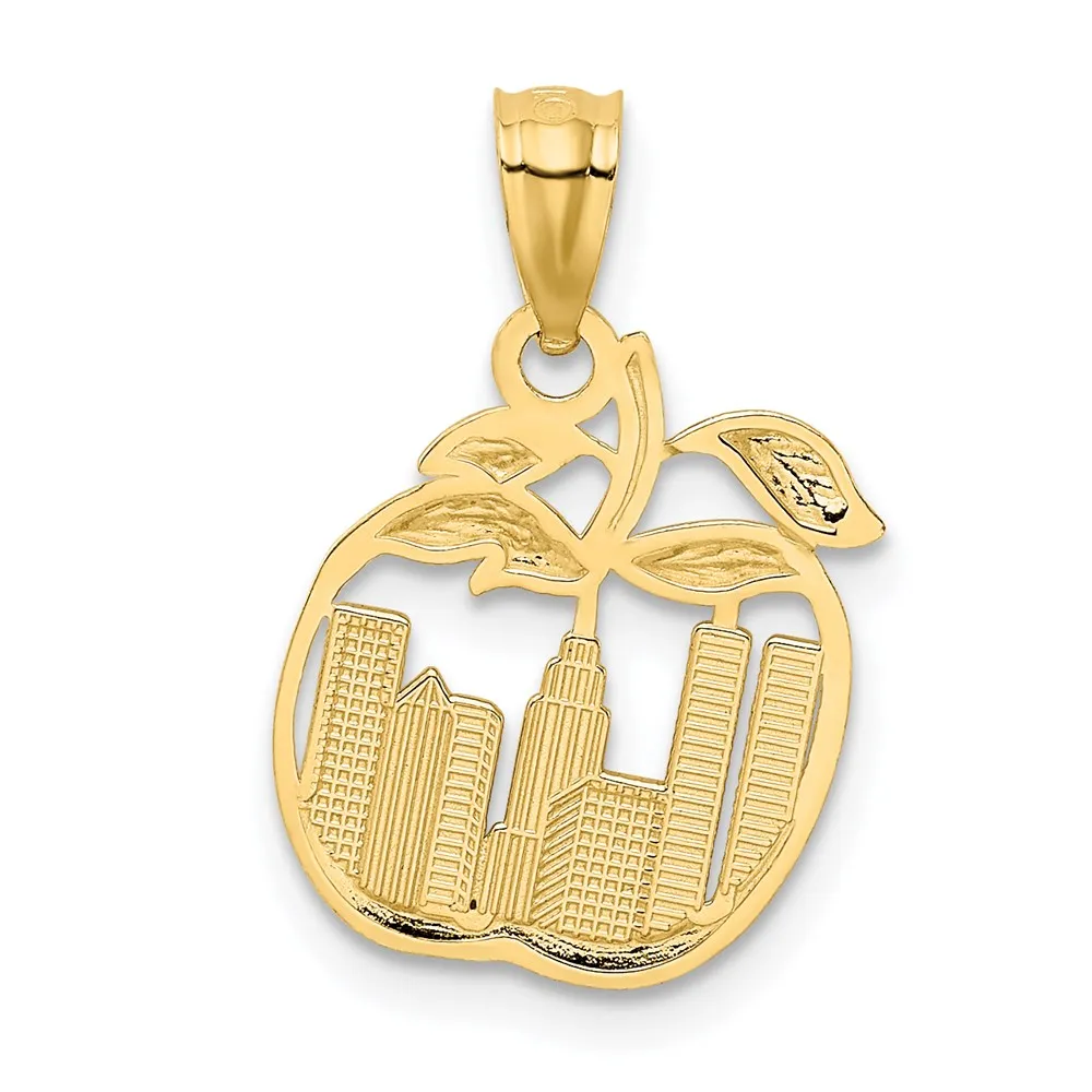 14k Yellow Gold & Rhodium with White Gold Rhodium Cut-out New York Skyline in Apple Pendant