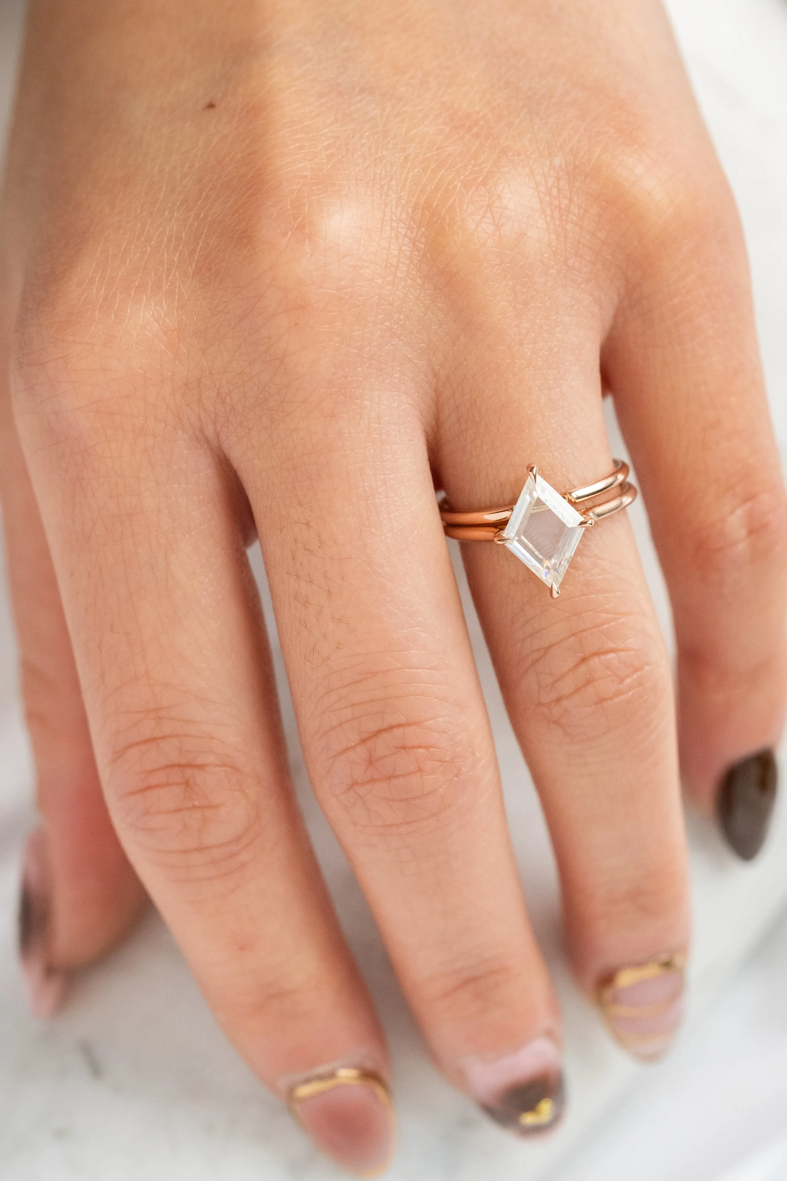 1.50 Carat Lozenge Moissanite Engagement Ring, Lark Setting, 14k Rose Gold