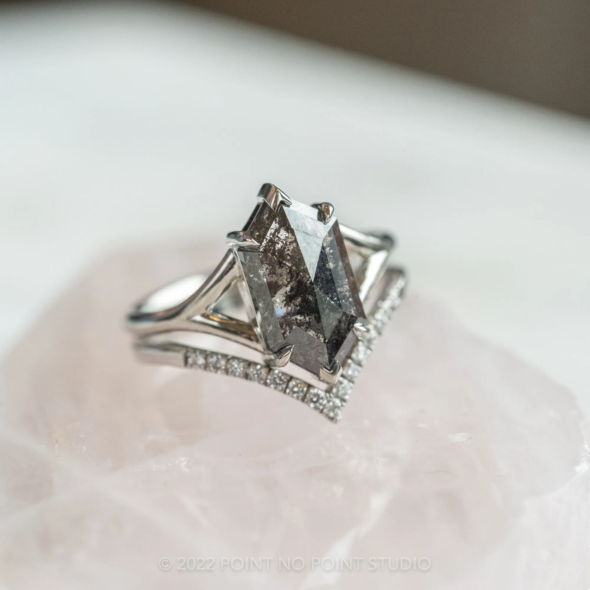 1.61 Carat Black Speckled Hexagon Diamond Engagement Ring, Charlize Setting, 14K White Gold