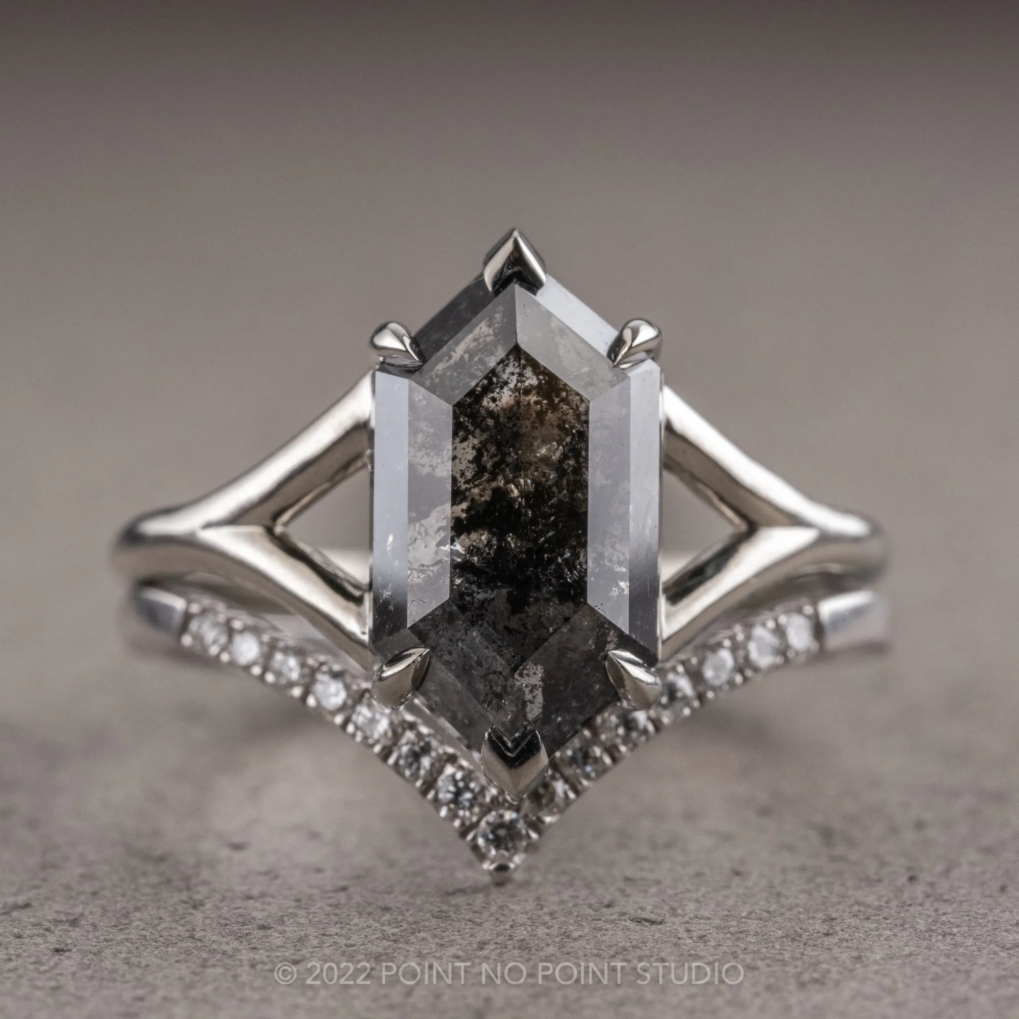1.61 Carat Black Speckled Hexagon Diamond Engagement Ring, Charlize Setting, 14K White Gold
