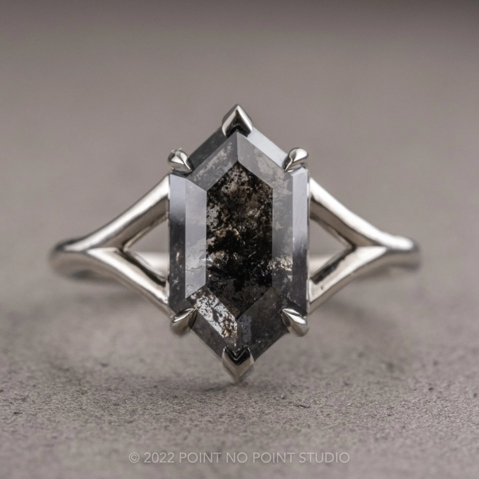 1.61 Carat Black Speckled Hexagon Diamond Engagement Ring, Charlize Setting, 14K White Gold