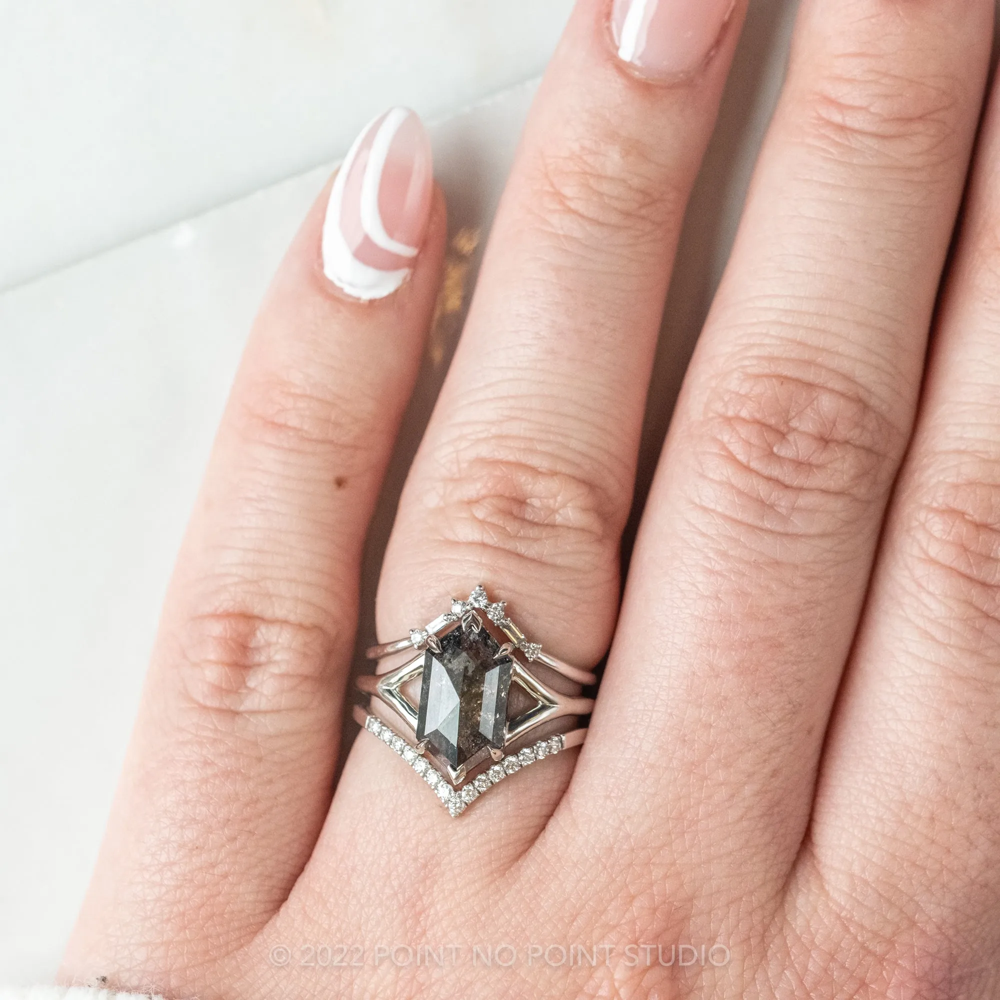 1.61 Carat Black Speckled Hexagon Diamond Engagement Ring, Charlize Setting, 14K White Gold