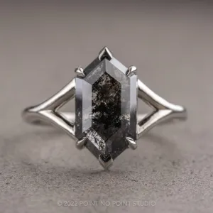 1.61 Carat Black Speckled Hexagon Diamond Engagement Ring, Charlize Setting, 14K White Gold