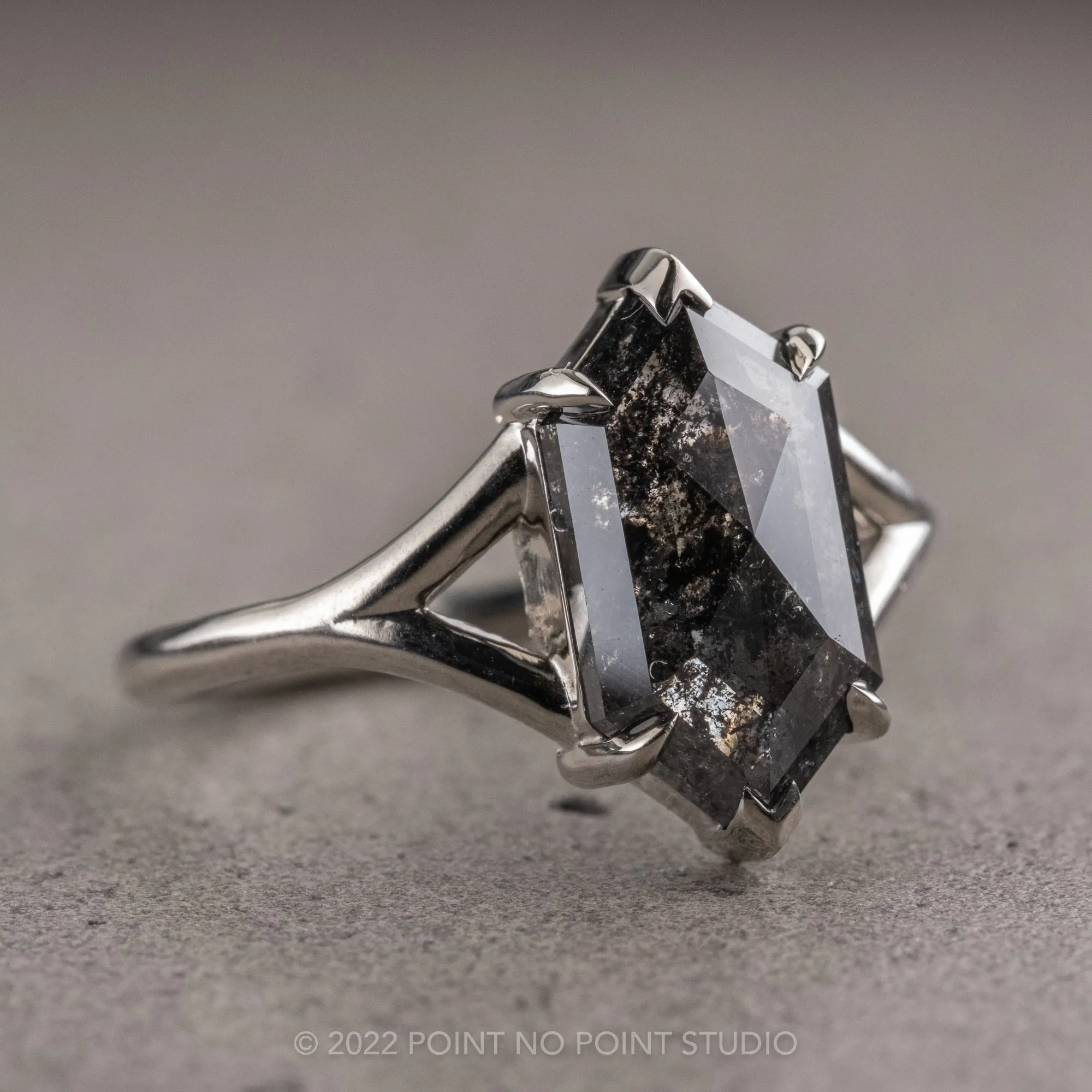1.61 Carat Black Speckled Hexagon Diamond Engagement Ring, Charlize Setting, 14K White Gold