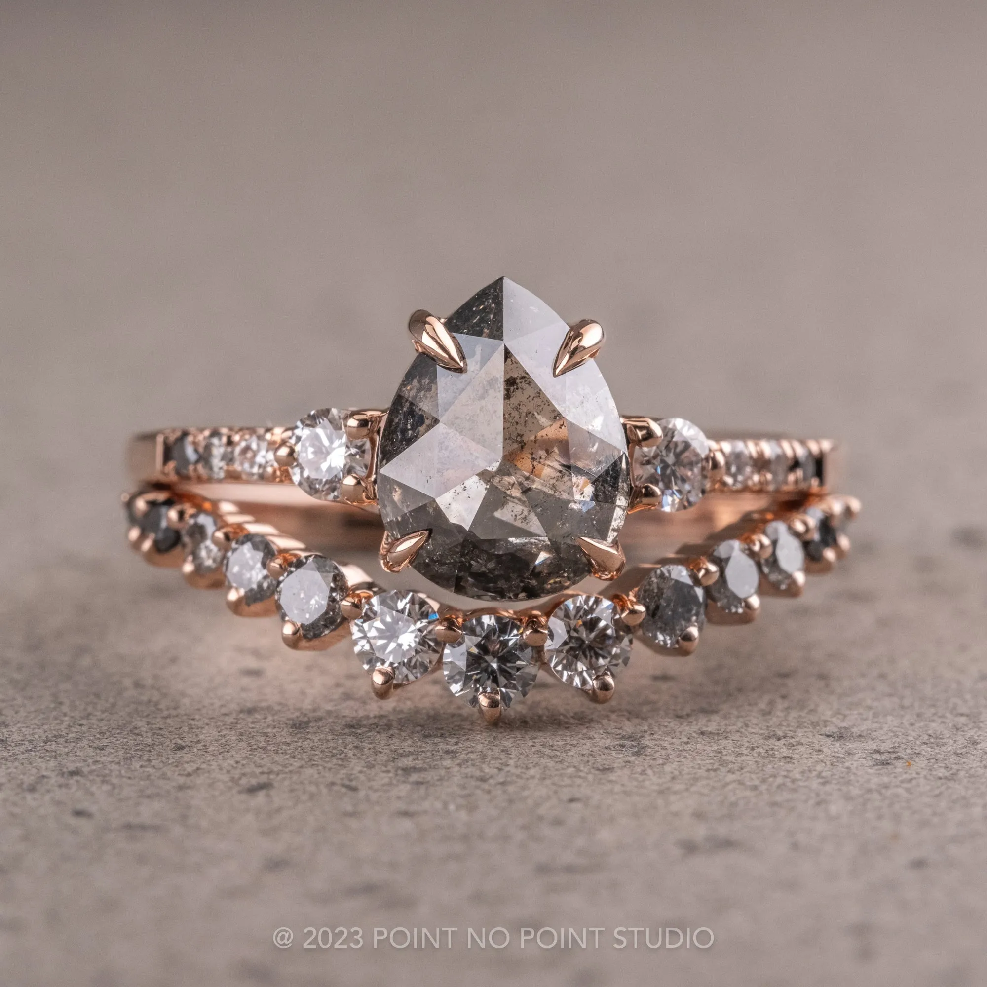 1.65 Carat Black Speckled Pear Diamond Engagement Ring, Ombre Eliza Setting, 14K Rose Gold