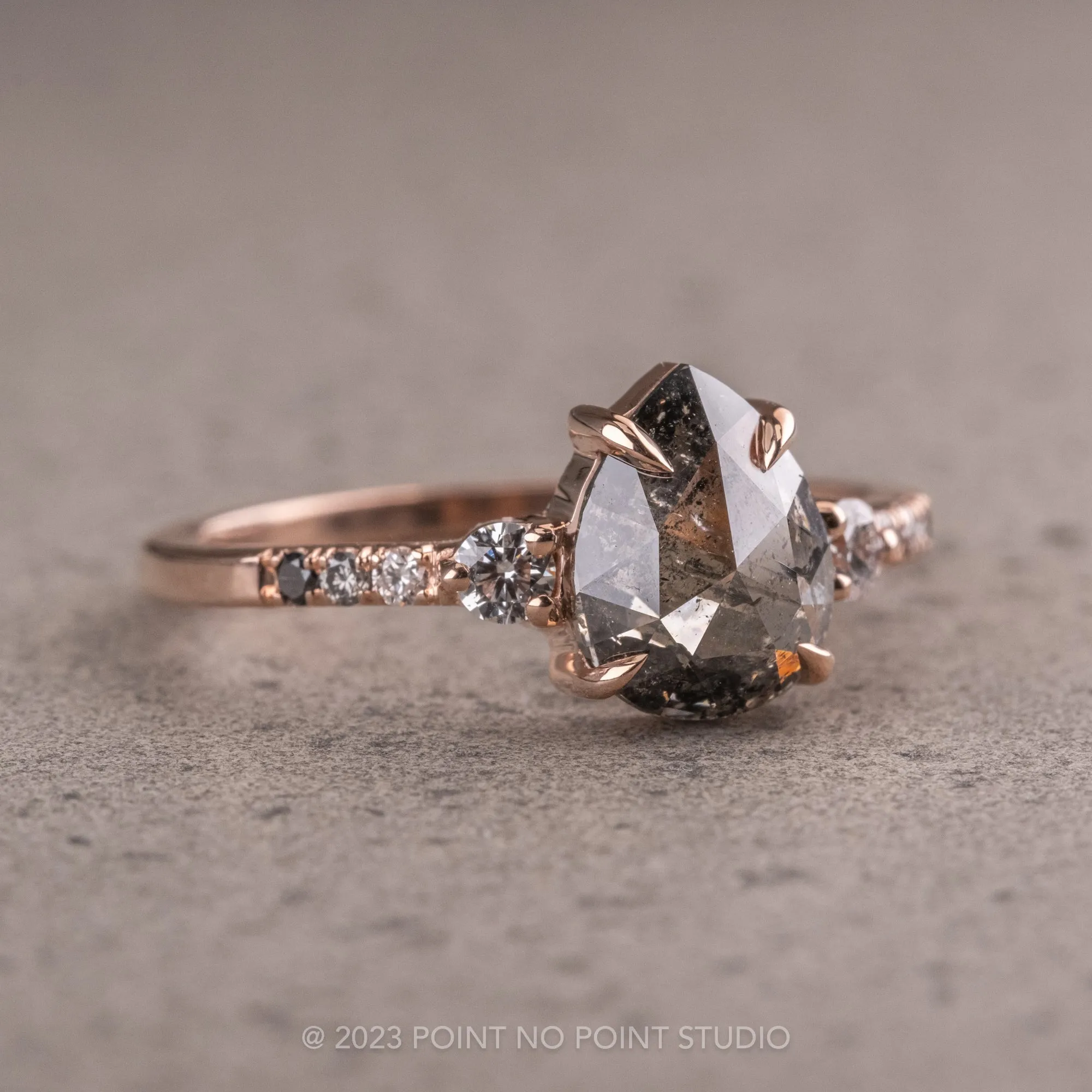 1.65 Carat Black Speckled Pear Diamond Engagement Ring, Ombre Eliza Setting, 14K Rose Gold