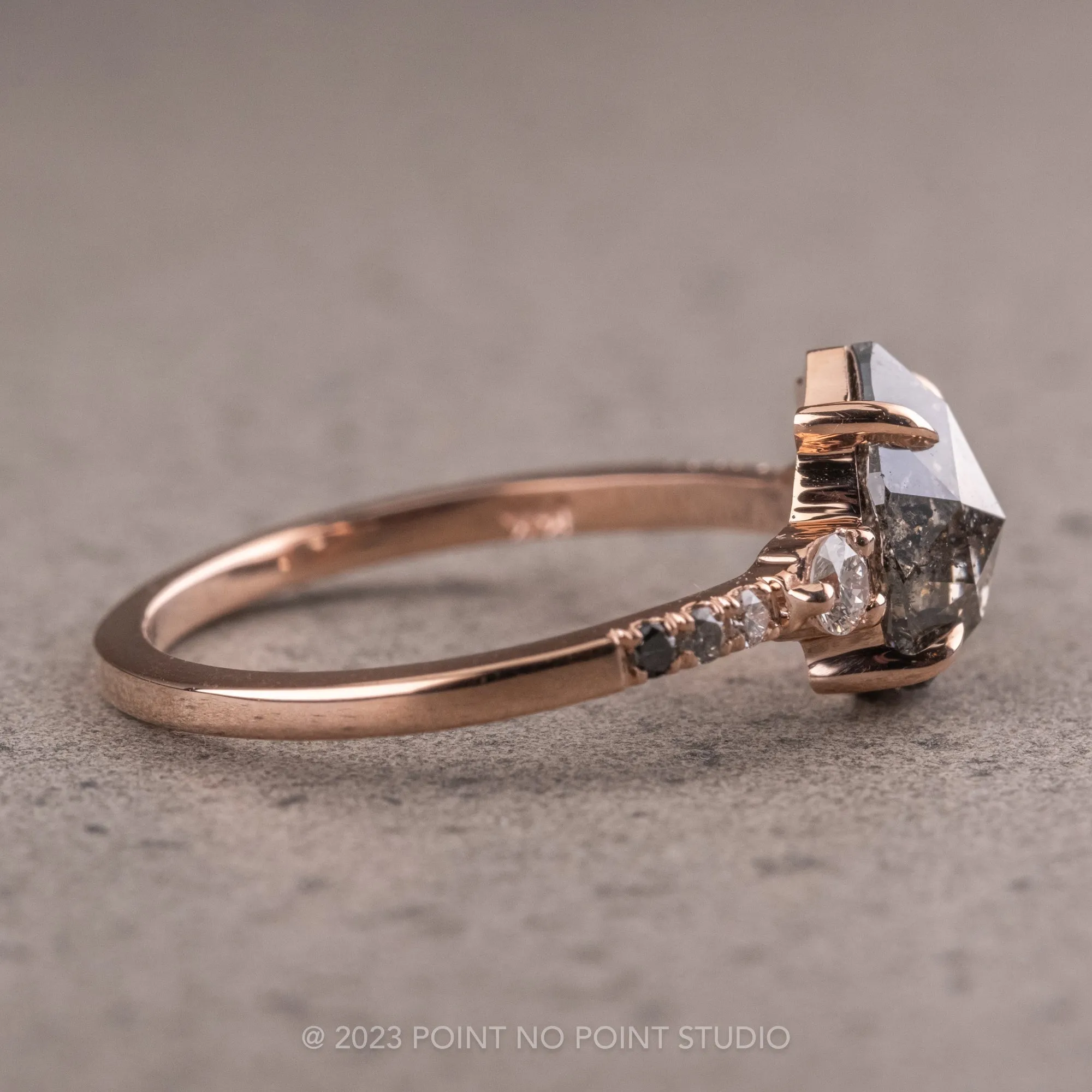 1.65 Carat Black Speckled Pear Diamond Engagement Ring, Ombre Eliza Setting, 14K Rose Gold