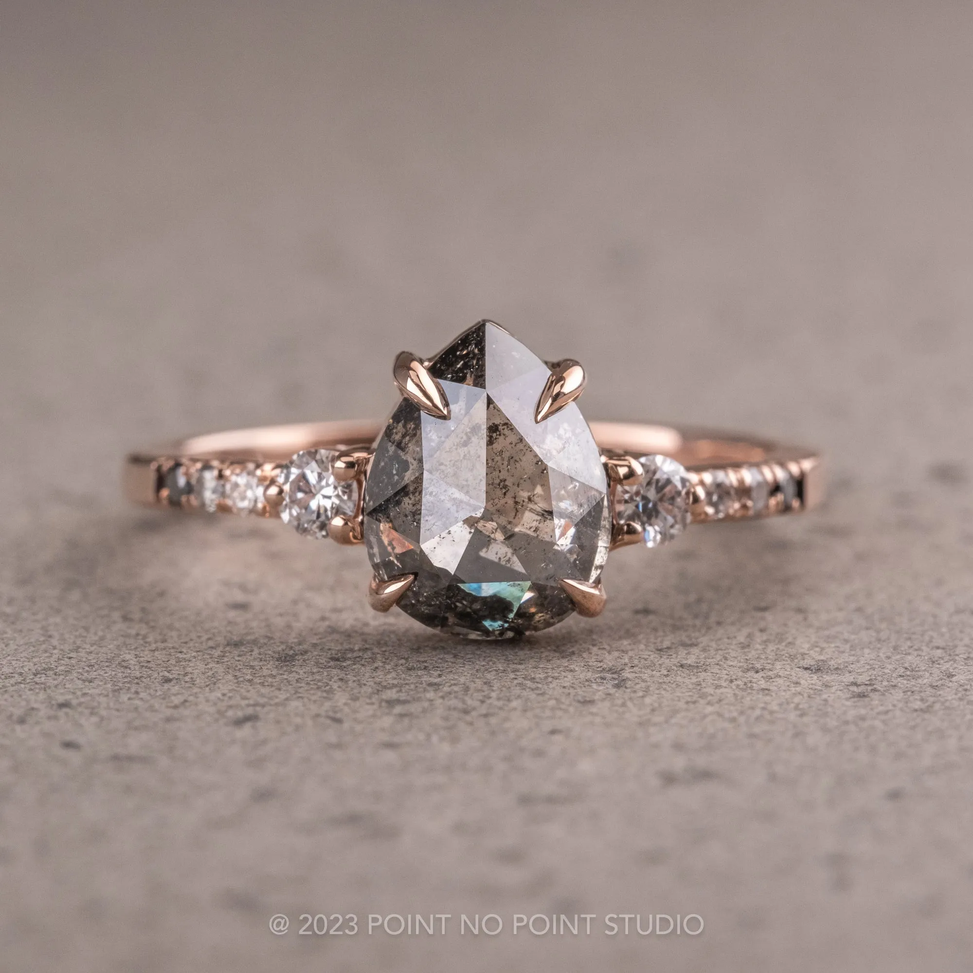 1.65 Carat Black Speckled Pear Diamond Engagement Ring, Ombre Eliza Setting, 14K Rose Gold