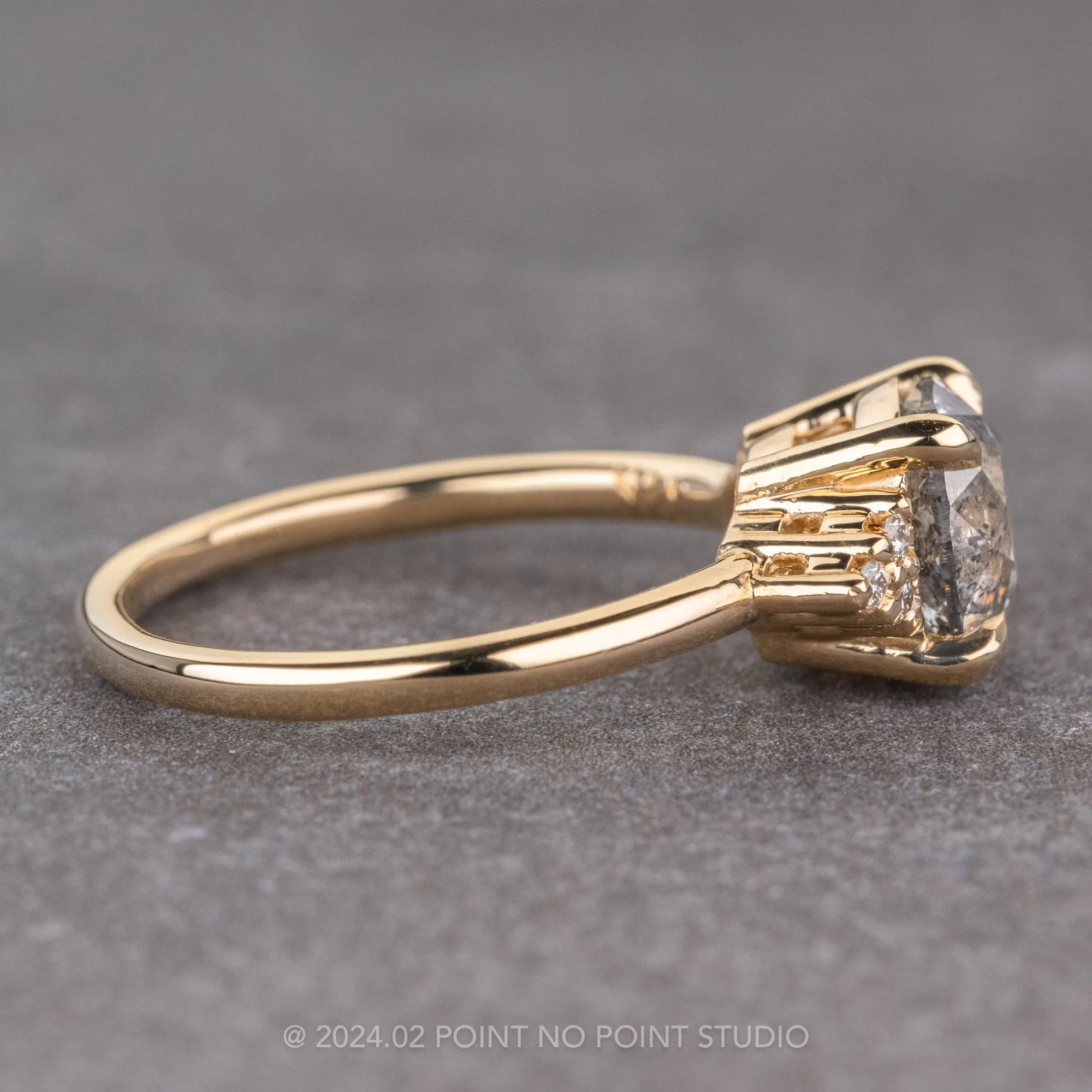 1.66 Carat Salt and Pepper Round Diamond Engagement Ring, Quinn Setting, 14K Yellow Gold