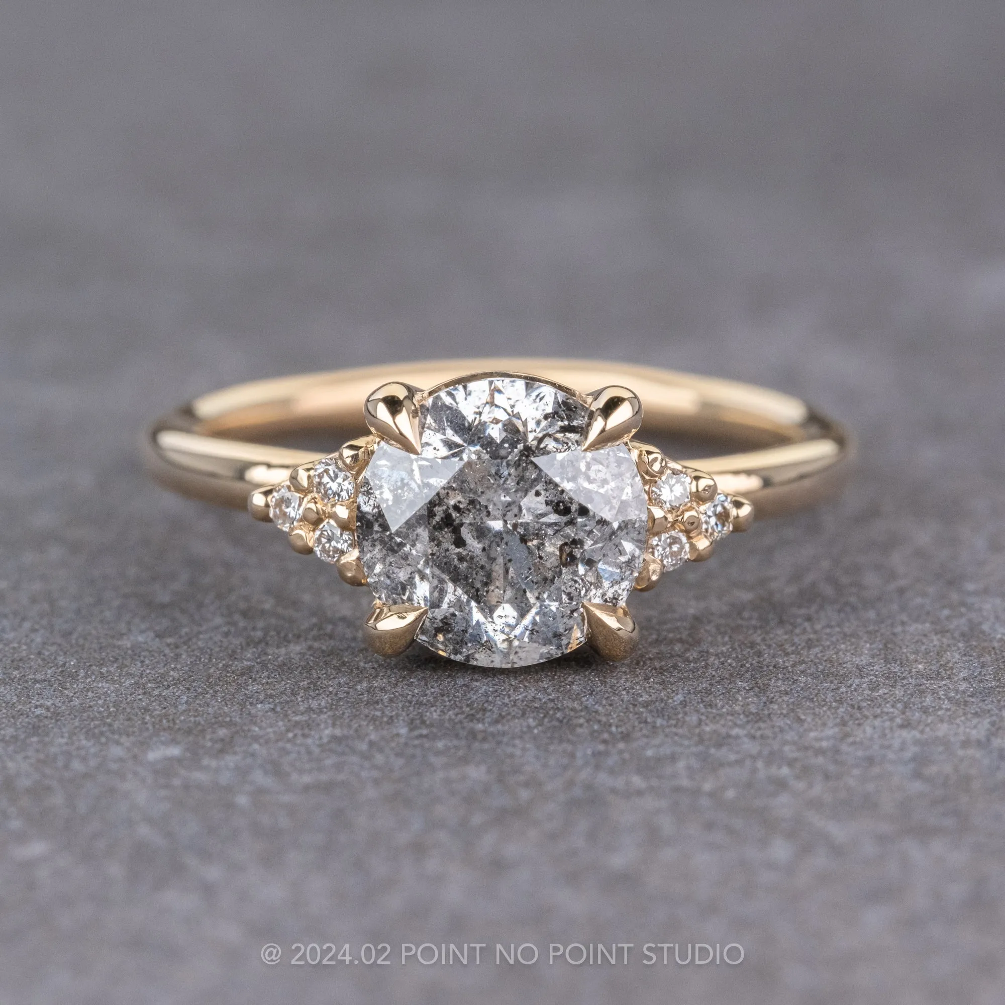 1.66 Carat Salt and Pepper Round Diamond Engagement Ring, Quinn Setting, 14K Yellow Gold