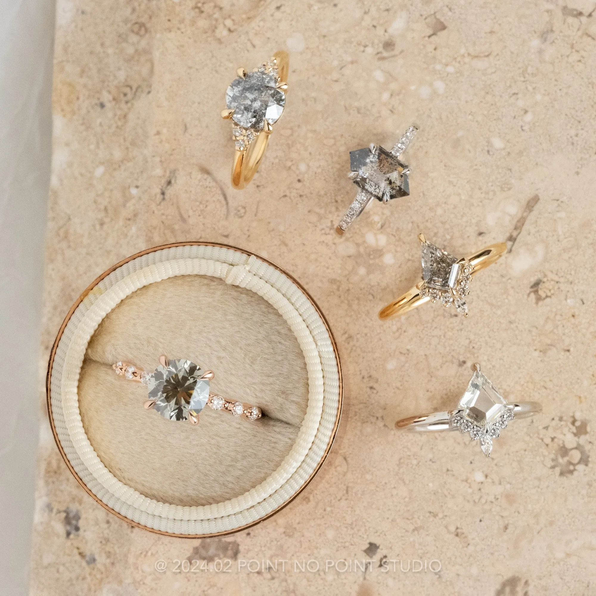 1.66 Carat Salt and Pepper Round Diamond Engagement Ring, Quinn Setting, 14K Yellow Gold