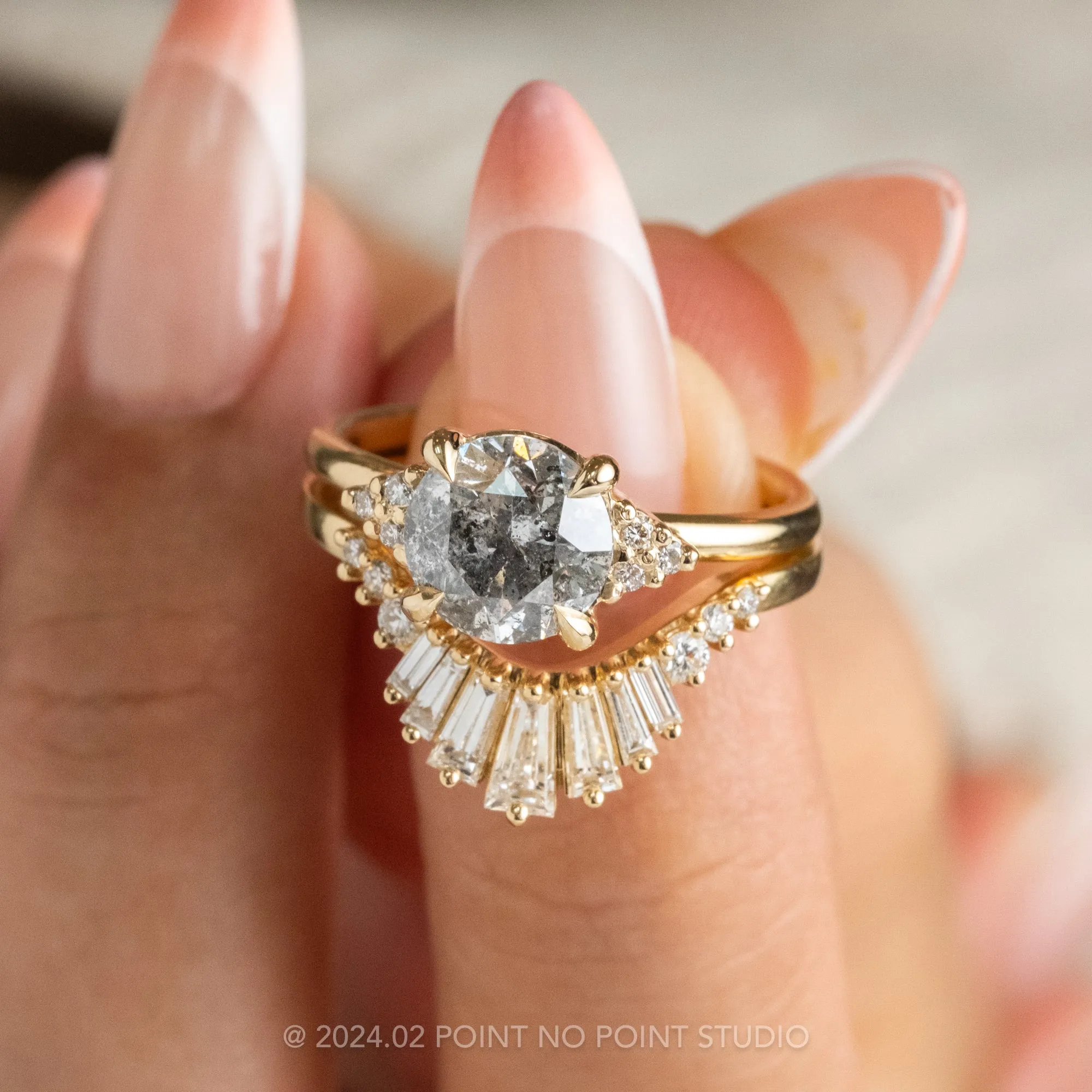 1.66 Carat Salt and Pepper Round Diamond Engagement Ring, Quinn Setting, 14K Yellow Gold