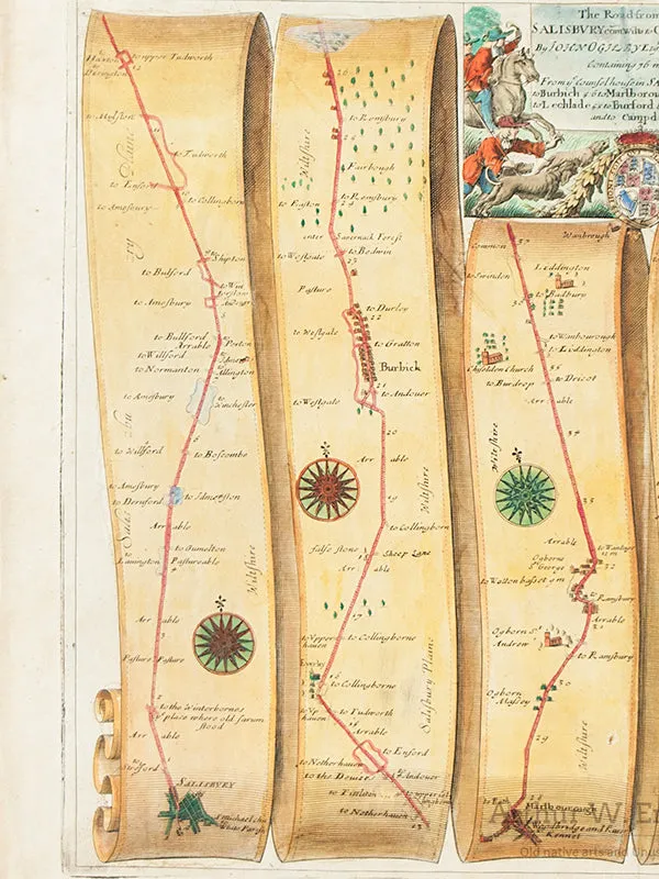 1675 Strip Map of the  road from Salisbury to Campden, England, Framed