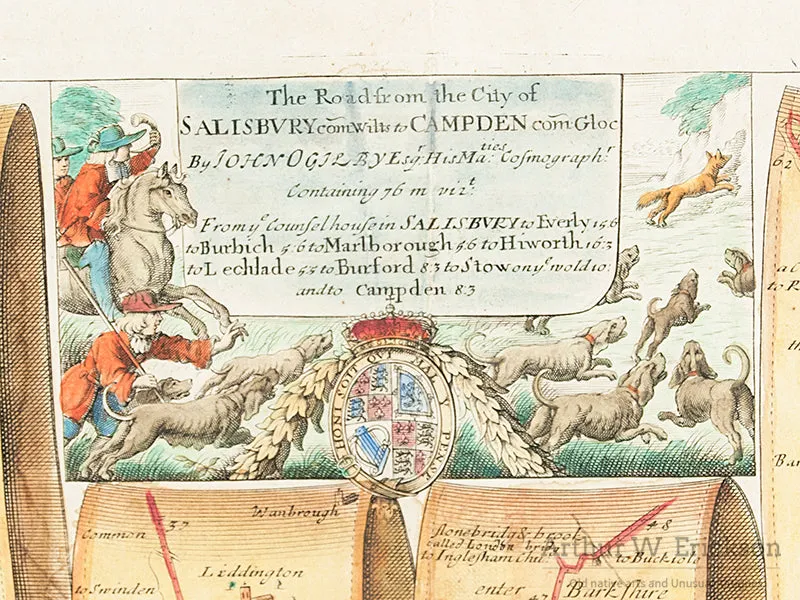 1675 Strip Map of the  road from Salisbury to Campden, England, Framed