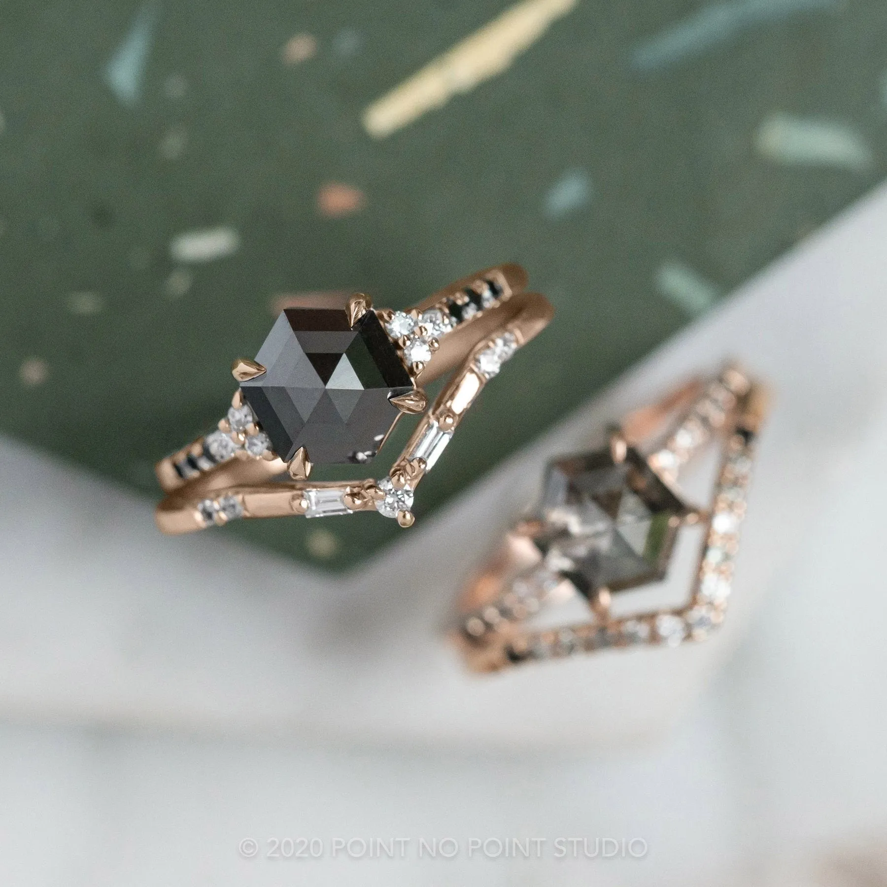 1.72 Carat Black Hexagon Diamond Engagement Ring, Quincy Setting, 14K Rose Gold