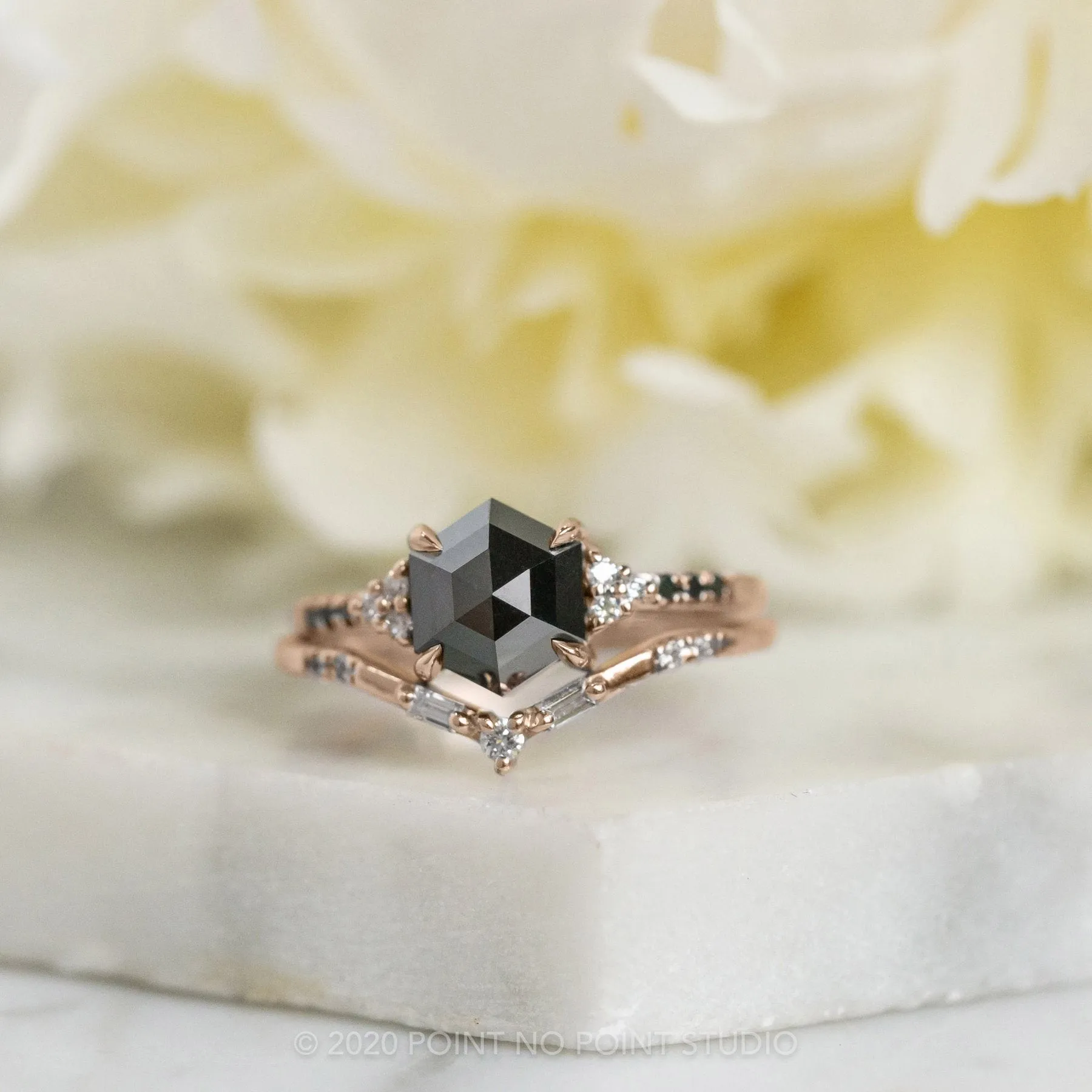 1.72 Carat Black Hexagon Diamond Engagement Ring, Quincy Setting, 14K Rose Gold