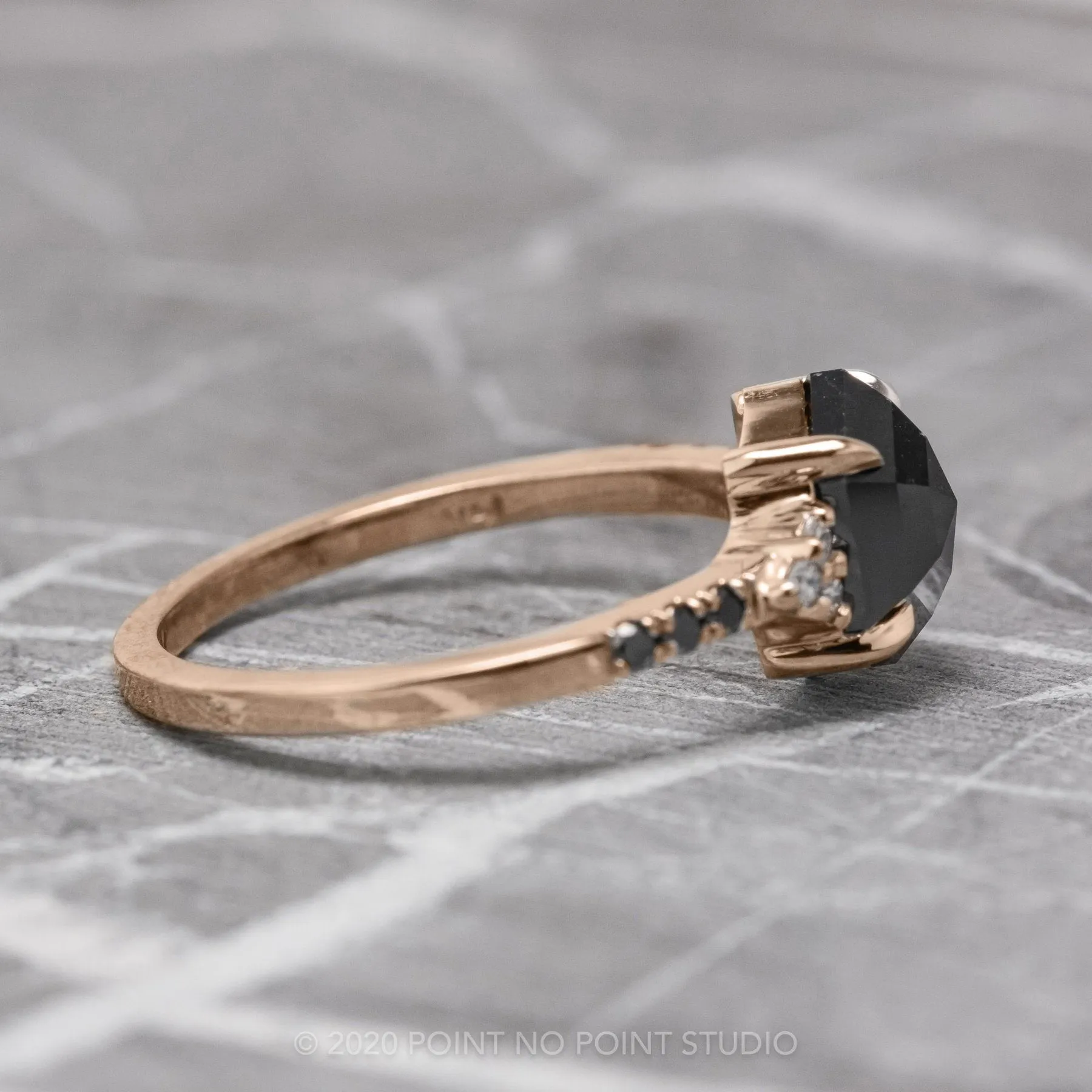 1.72 Carat Black Hexagon Diamond Engagement Ring, Quincy Setting, 14K Rose Gold