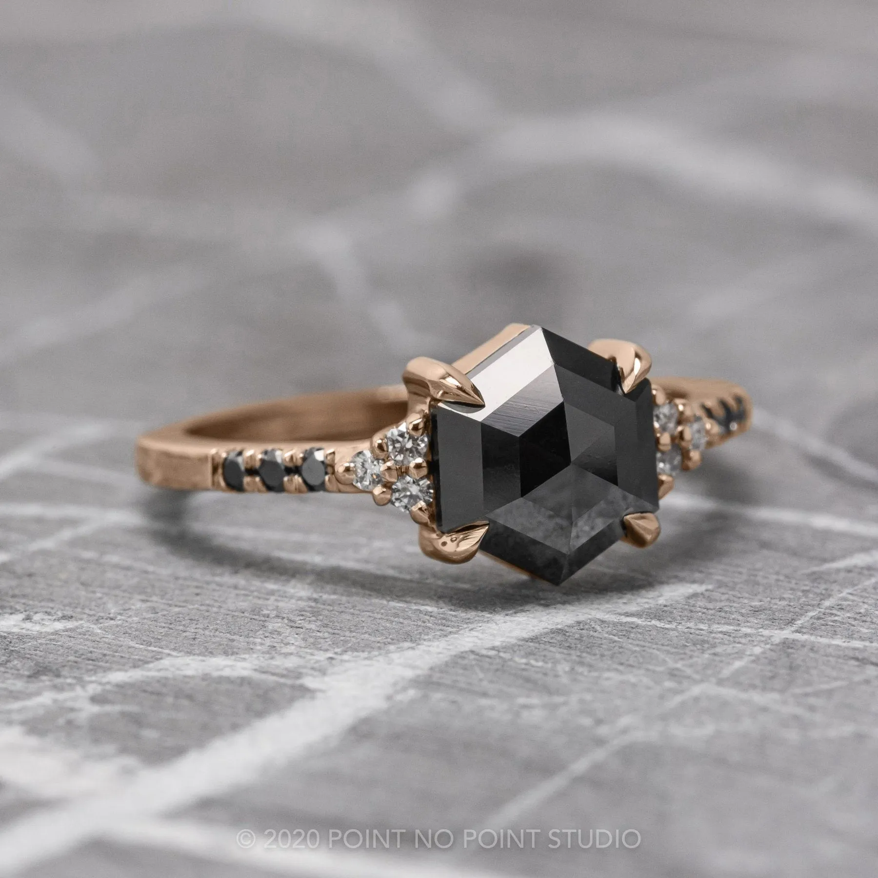 1.72 Carat Black Hexagon Diamond Engagement Ring, Quincy Setting, 14K Rose Gold