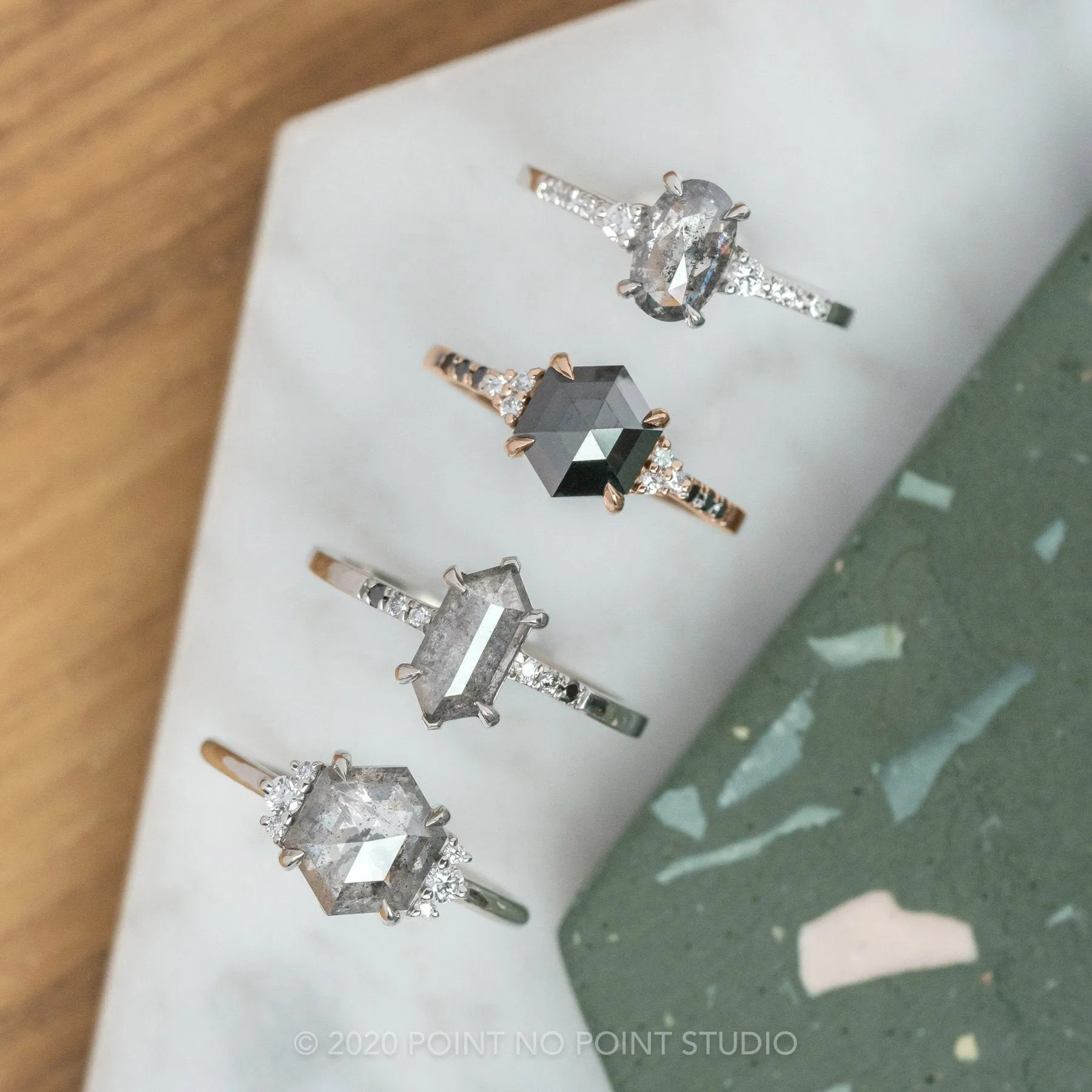 1.72 Carat Black Hexagon Diamond Engagement Ring, Quincy Setting, 14K Rose Gold