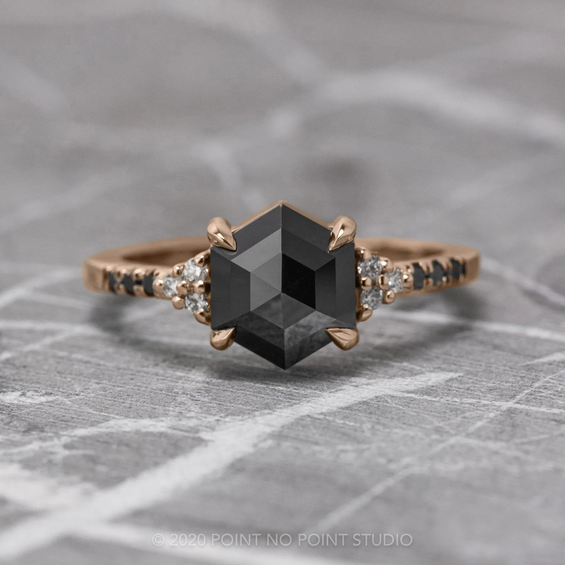 1.72 Carat Black Hexagon Diamond Engagement Ring, Quincy Setting, 14K Rose Gold