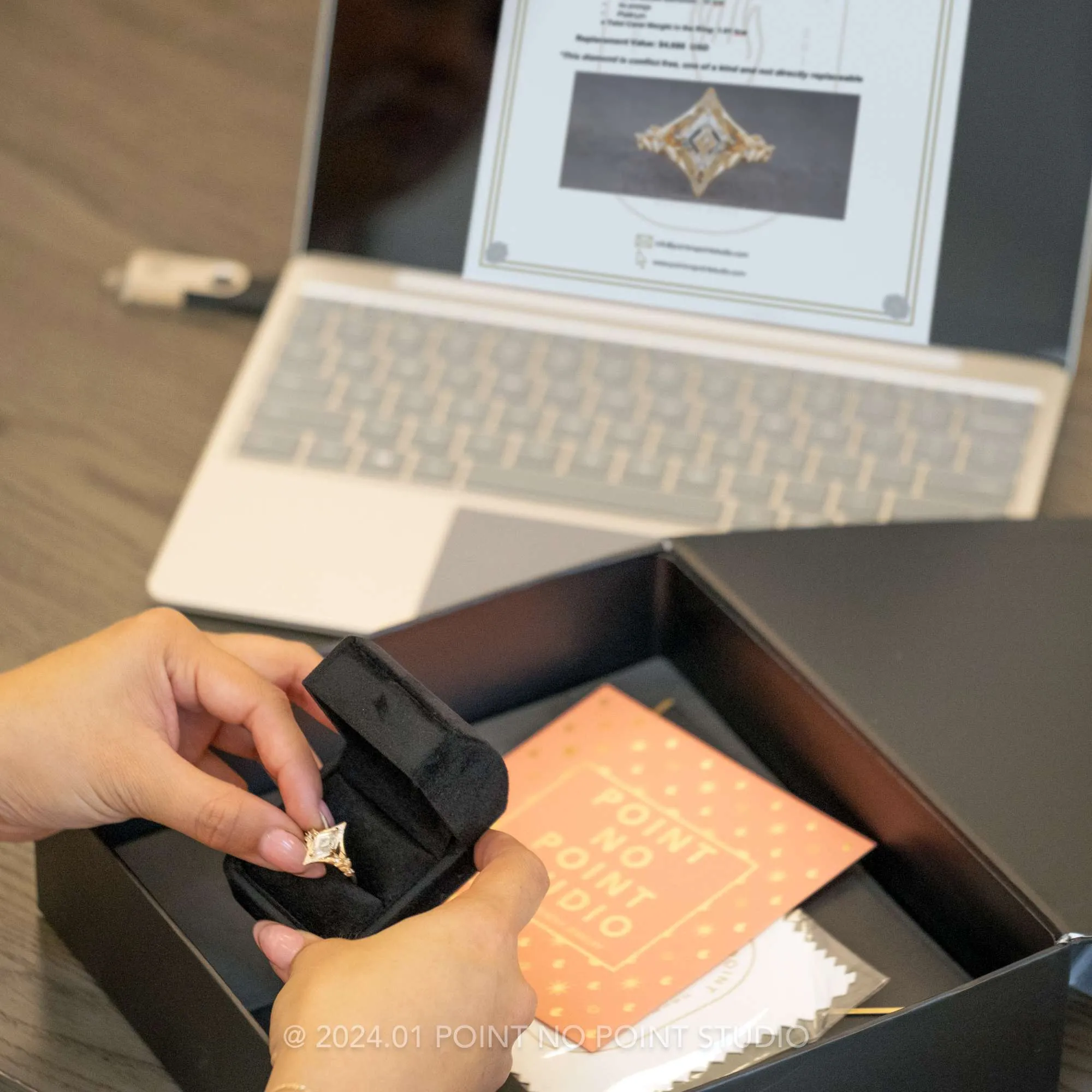 1.72 Carat Black Hexagon Diamond Engagement Ring, Quincy Setting, 14K Rose Gold