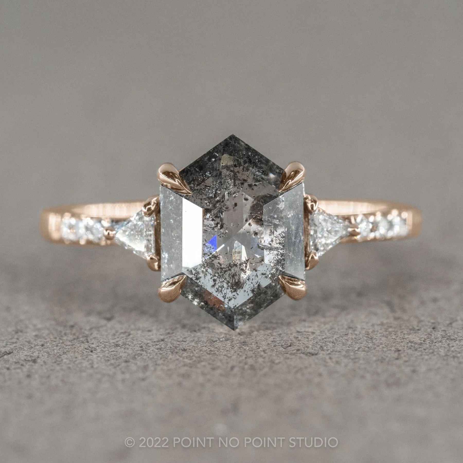 1.72 Carat Black Speckled Hexagon Diamond Engagement Ring, Eliza Setting, 14K Rose Gold
