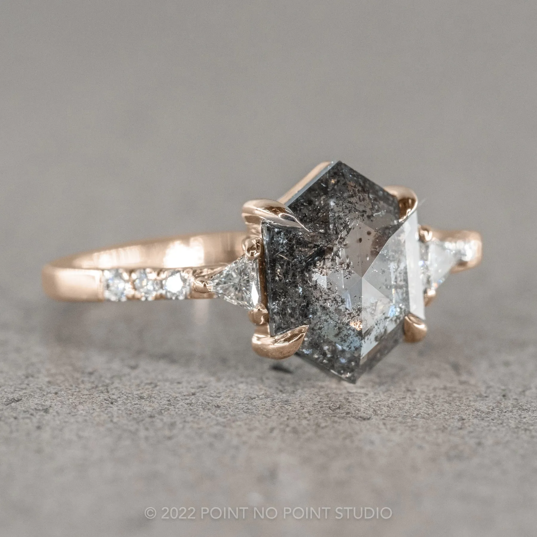 1.72 Carat Black Speckled Hexagon Diamond Engagement Ring, Eliza Setting, 14K Rose Gold