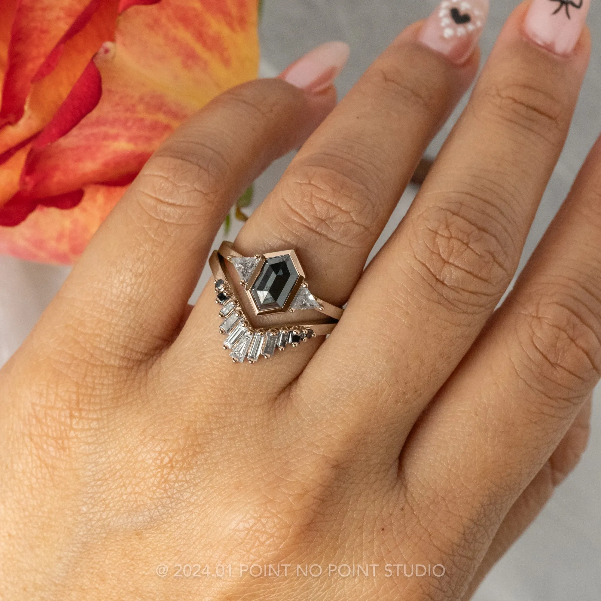 2 Carat Black Hexagon Diamond Engagement Ring, Bezel Zoe Setting, 14k Rose Gold
