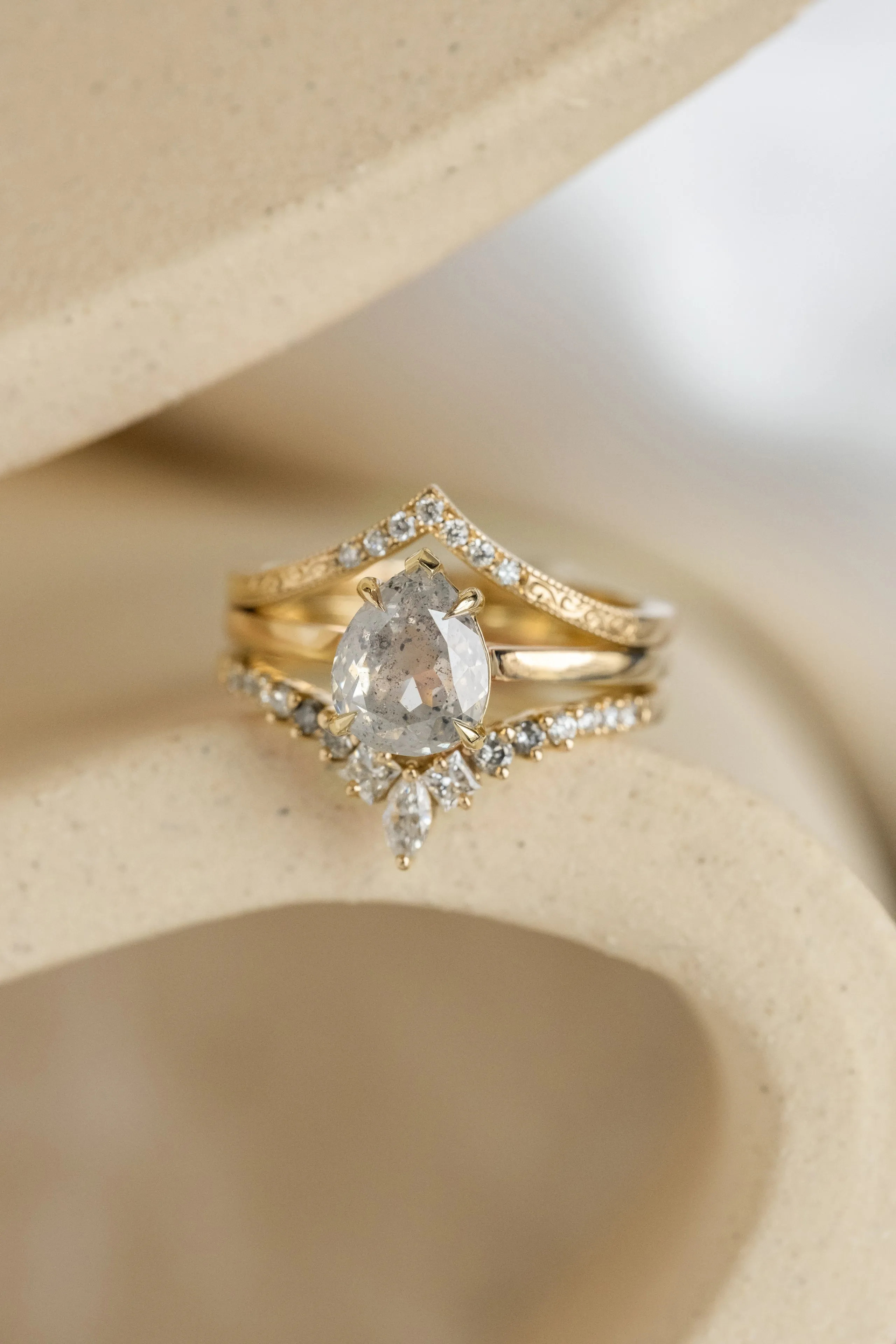 2.01 Carat Icy Grey Pear Diamond Engagement Ring, Lark Setting, 14K Yellow Gold