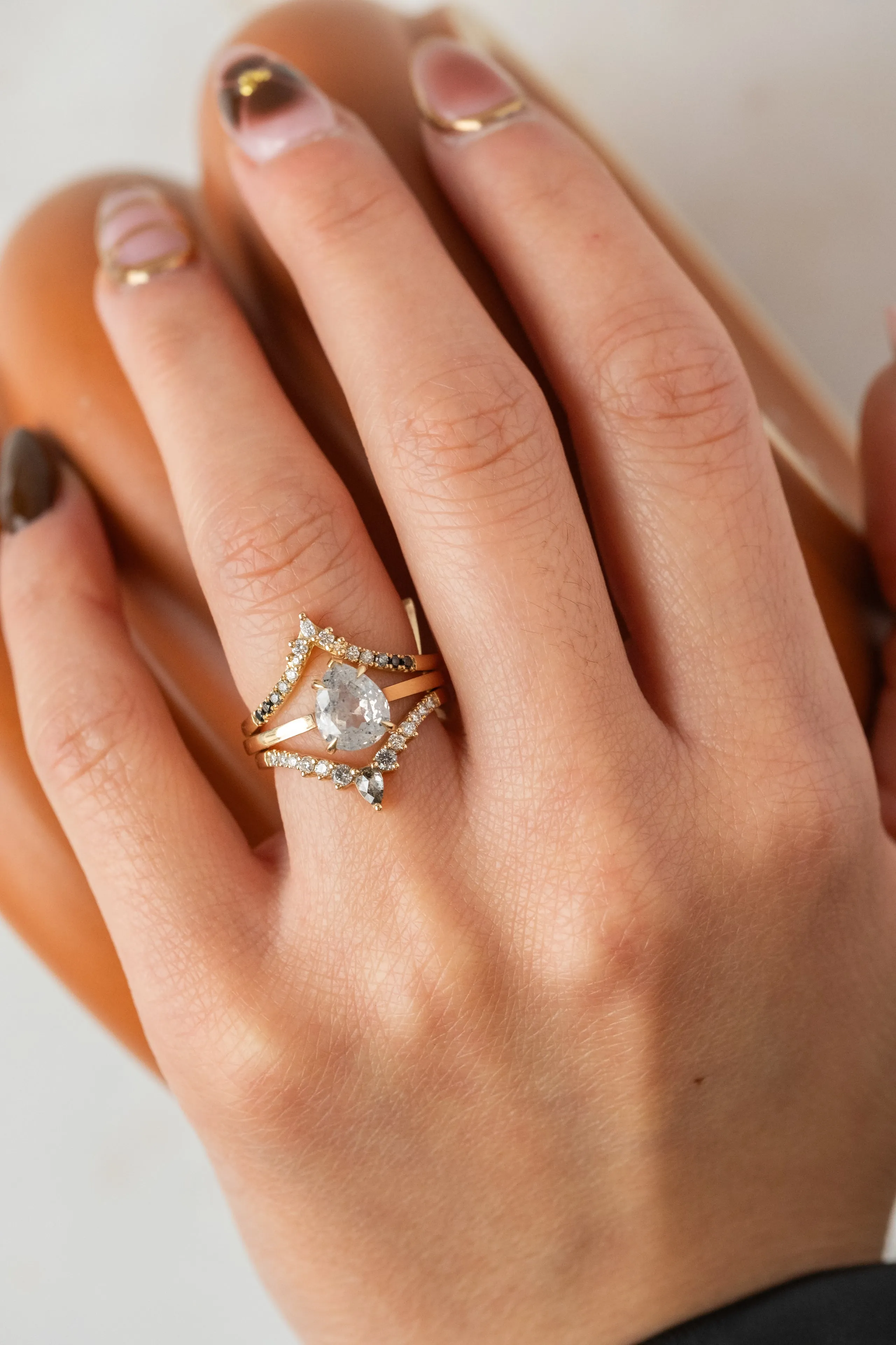 2.01 Carat Icy Grey Pear Diamond Engagement Ring, Lark Setting, 14K Yellow Gold