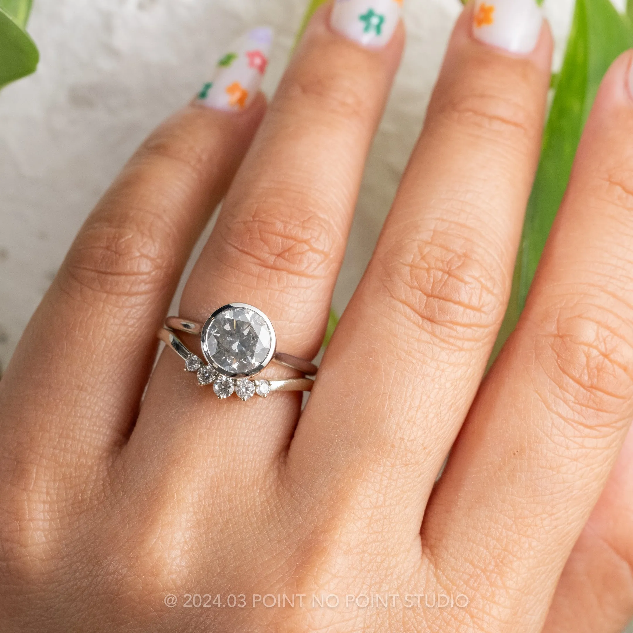 2.04 Carat Salt and Pepper Round Diamond Engagement Ring, Bezel Tulip Jane Setting, Platinum
