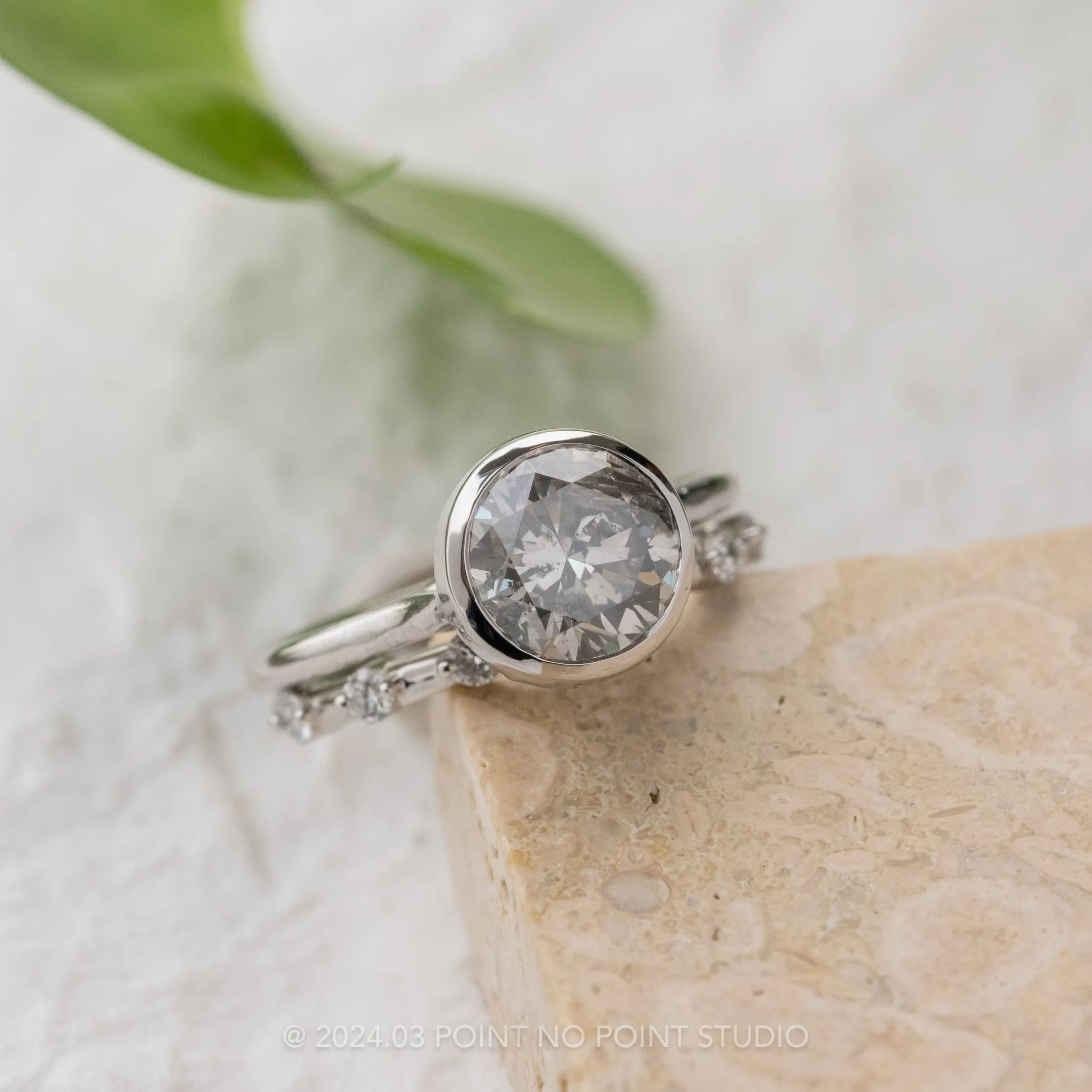 2.04 Carat Salt and Pepper Round Diamond Engagement Ring, Bezel Tulip Jane Setting, Platinum