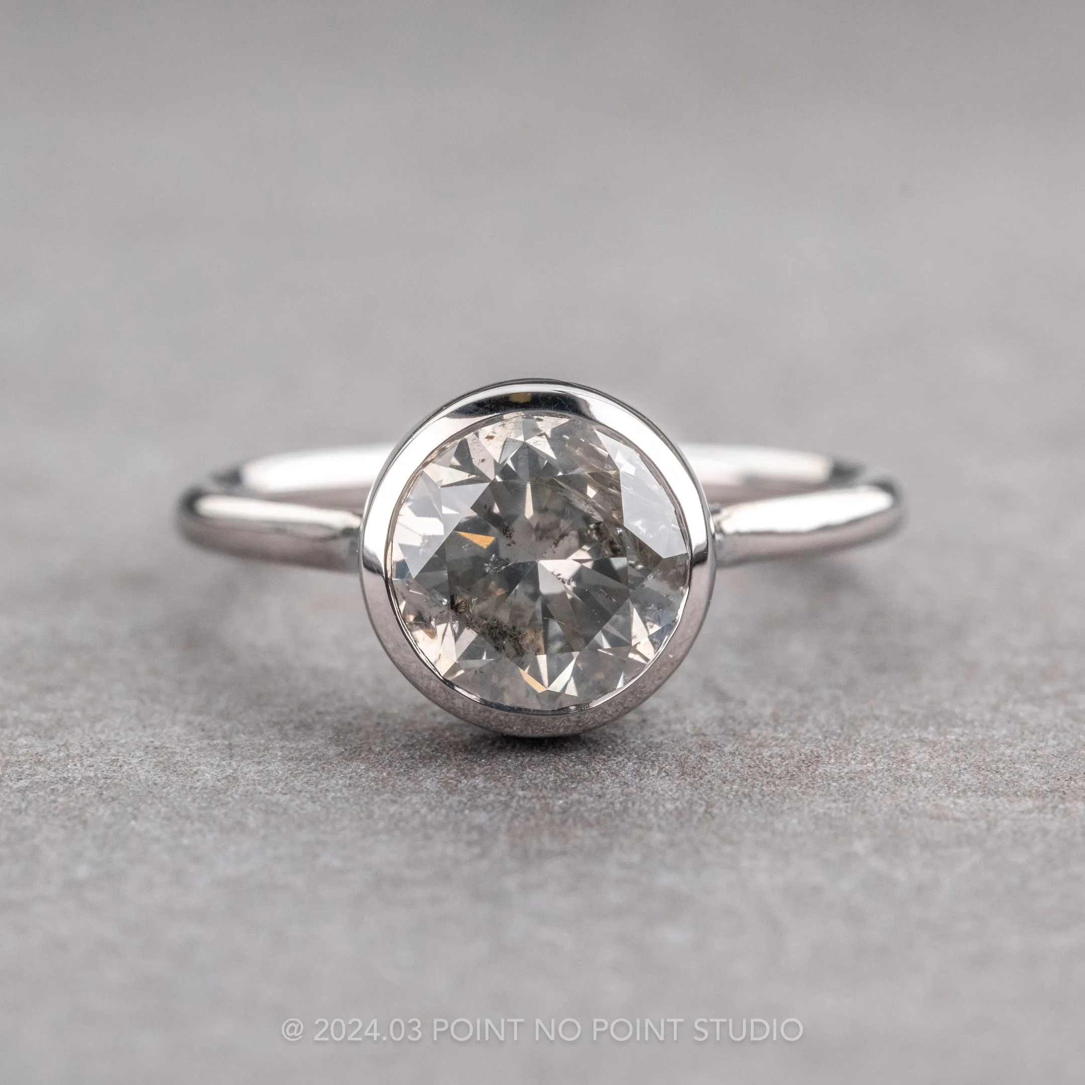 2.04 Carat Salt and Pepper Round Diamond Engagement Ring, Bezel Tulip Jane Setting, Platinum