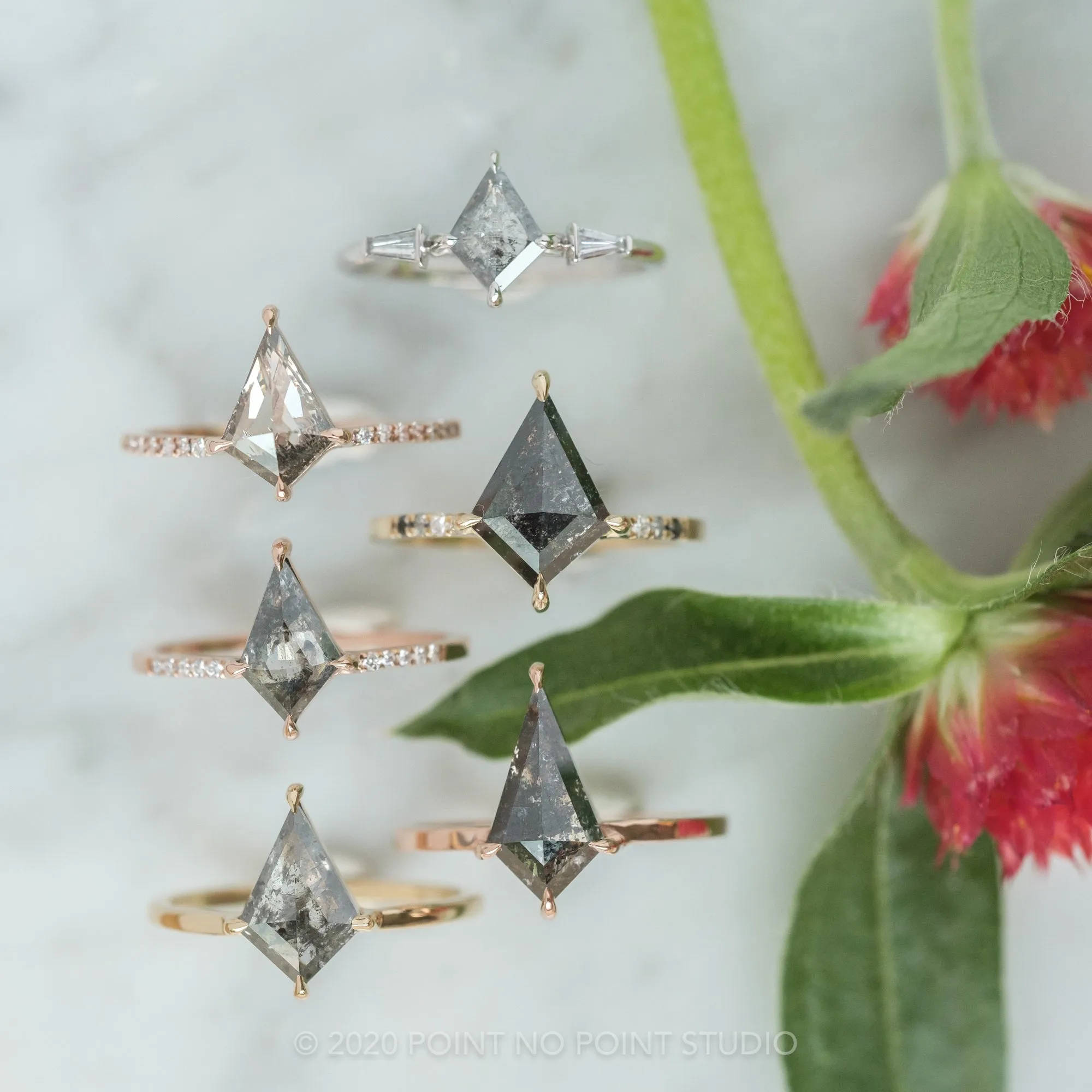 2.16 Carat Black Speckled Kite Diamond Engagement Ring, Ombre Jules Setting, 14K Yellow Gold