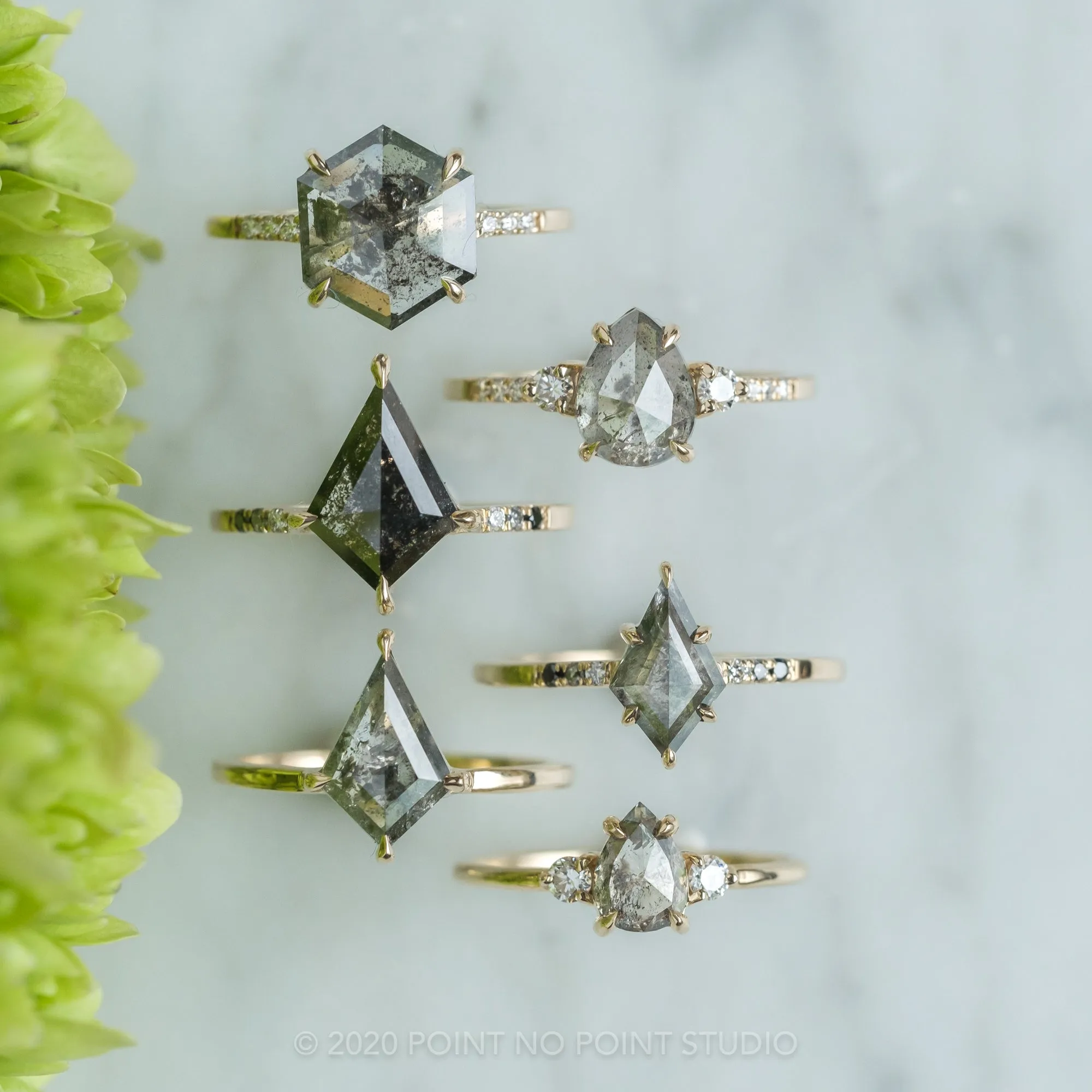 2.16 Carat Black Speckled Kite Diamond Engagement Ring, Ombre Jules Setting, 14K Yellow Gold