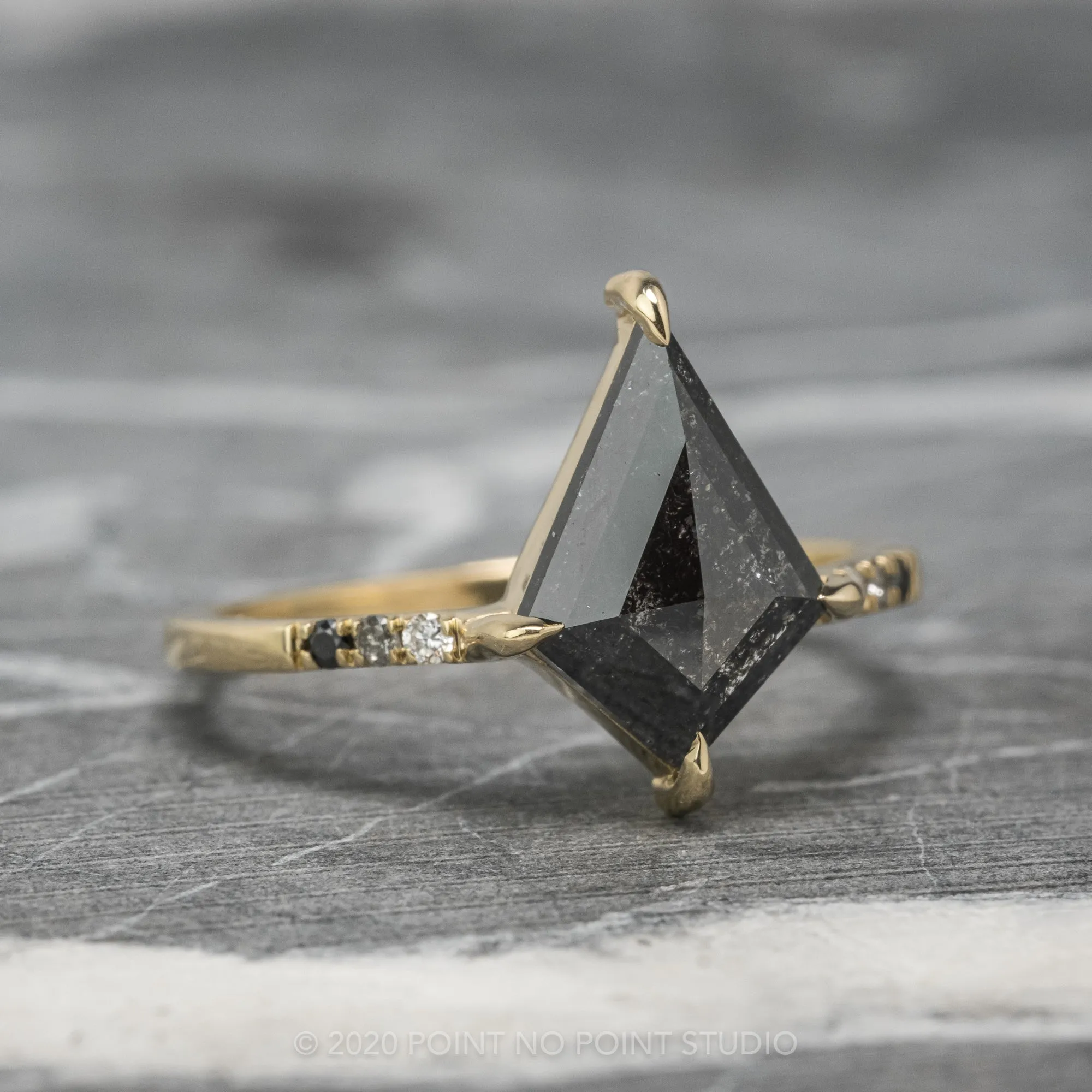 2.16 Carat Black Speckled Kite Diamond Engagement Ring, Ombre Jules Setting, 14K Yellow Gold