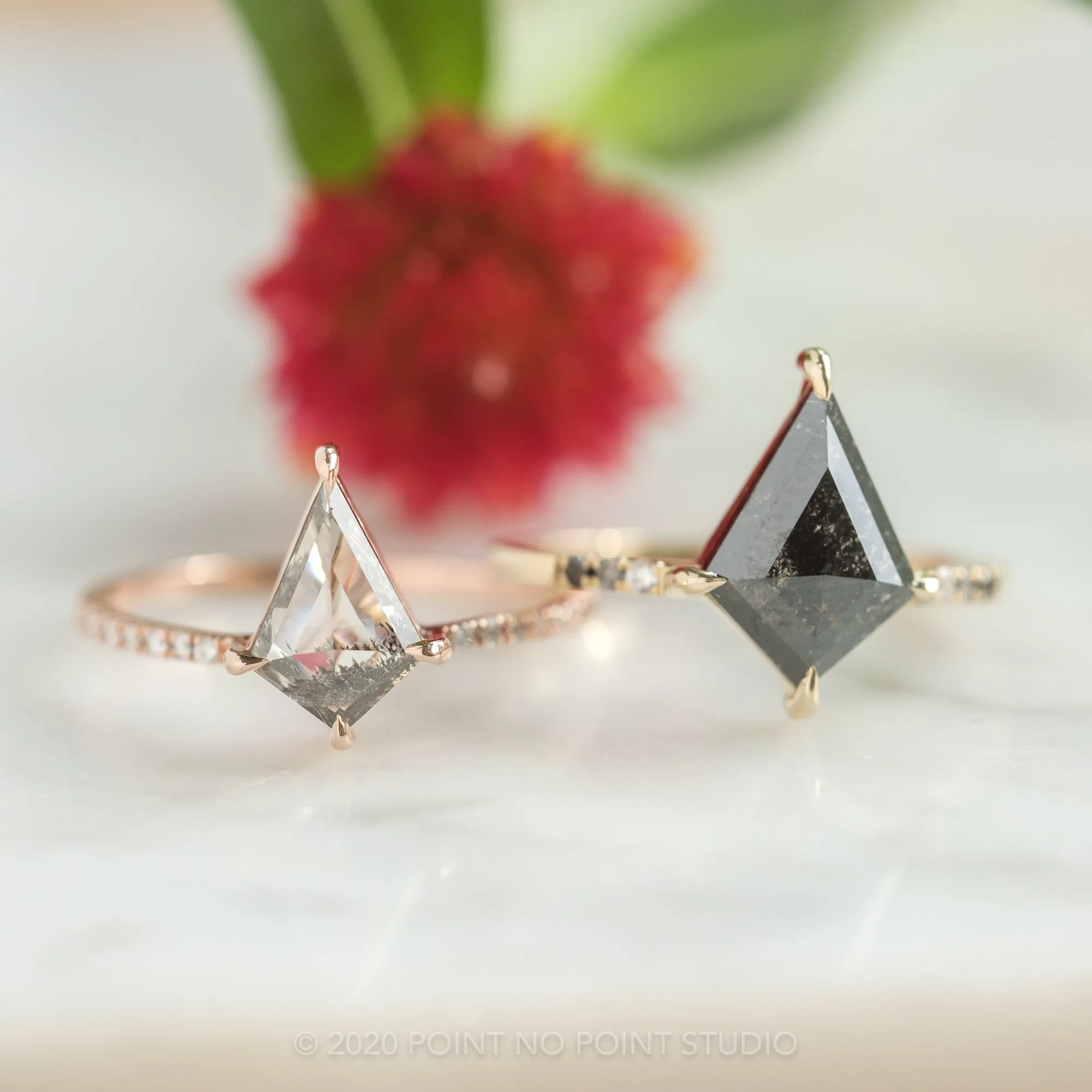 2.16 Carat Black Speckled Kite Diamond Engagement Ring, Ombre Jules Setting, 14K Yellow Gold
