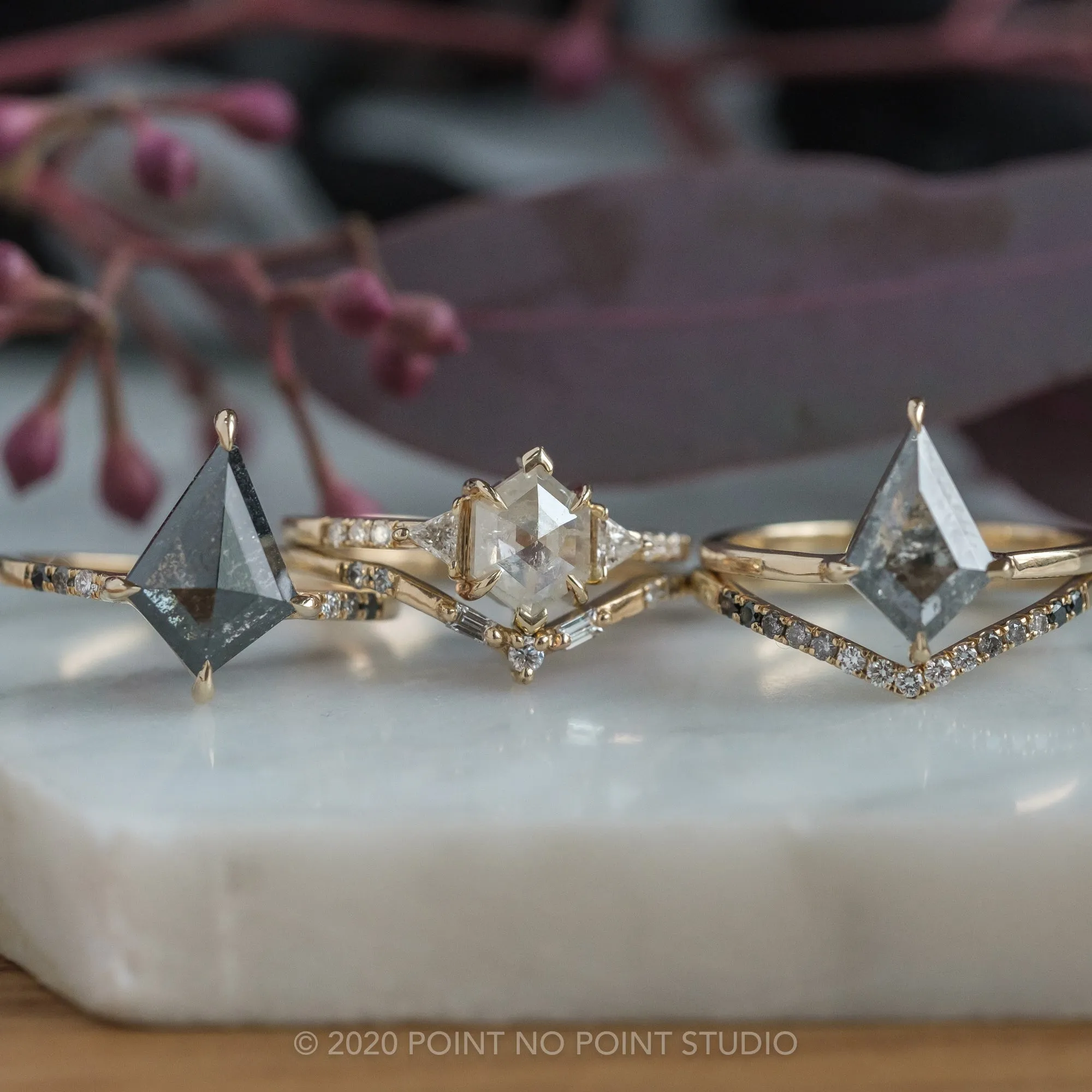 2.16 Carat Black Speckled Kite Diamond Engagement Ring, Ombre Jules Setting, 14K Yellow Gold