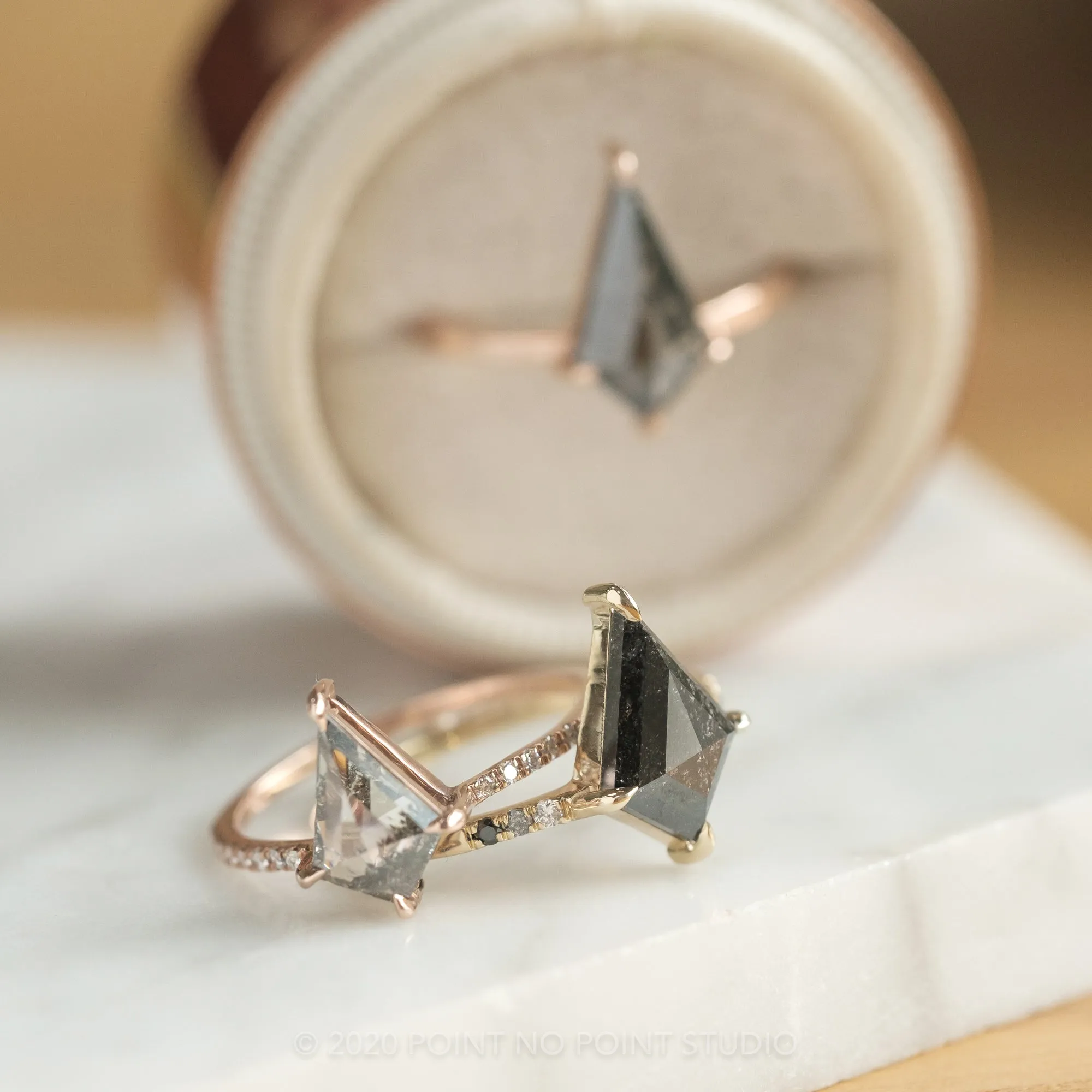 2.16 Carat Black Speckled Kite Diamond Engagement Ring, Ombre Jules Setting, 14K Yellow Gold