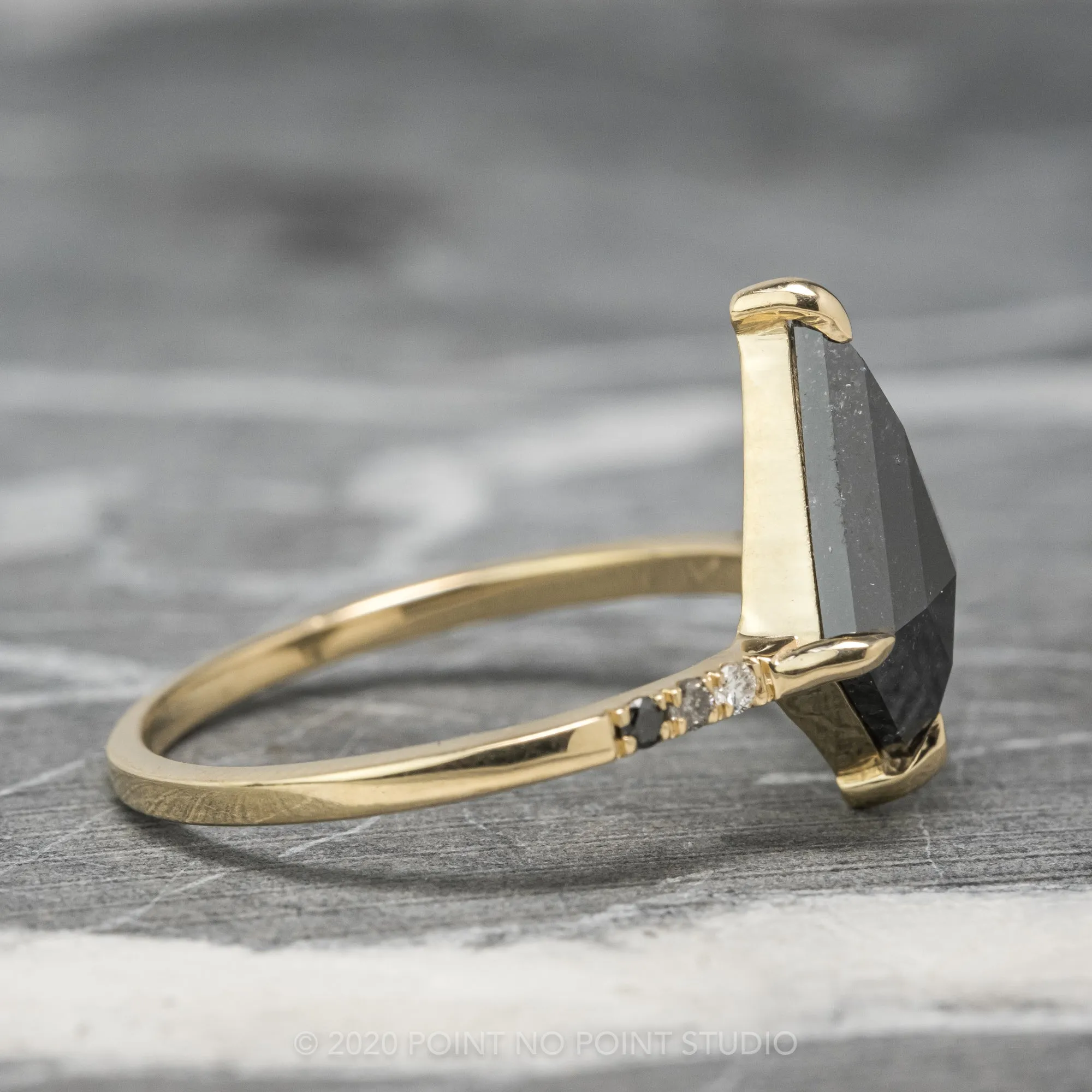 2.16 Carat Black Speckled Kite Diamond Engagement Ring, Ombre Jules Setting, 14K Yellow Gold