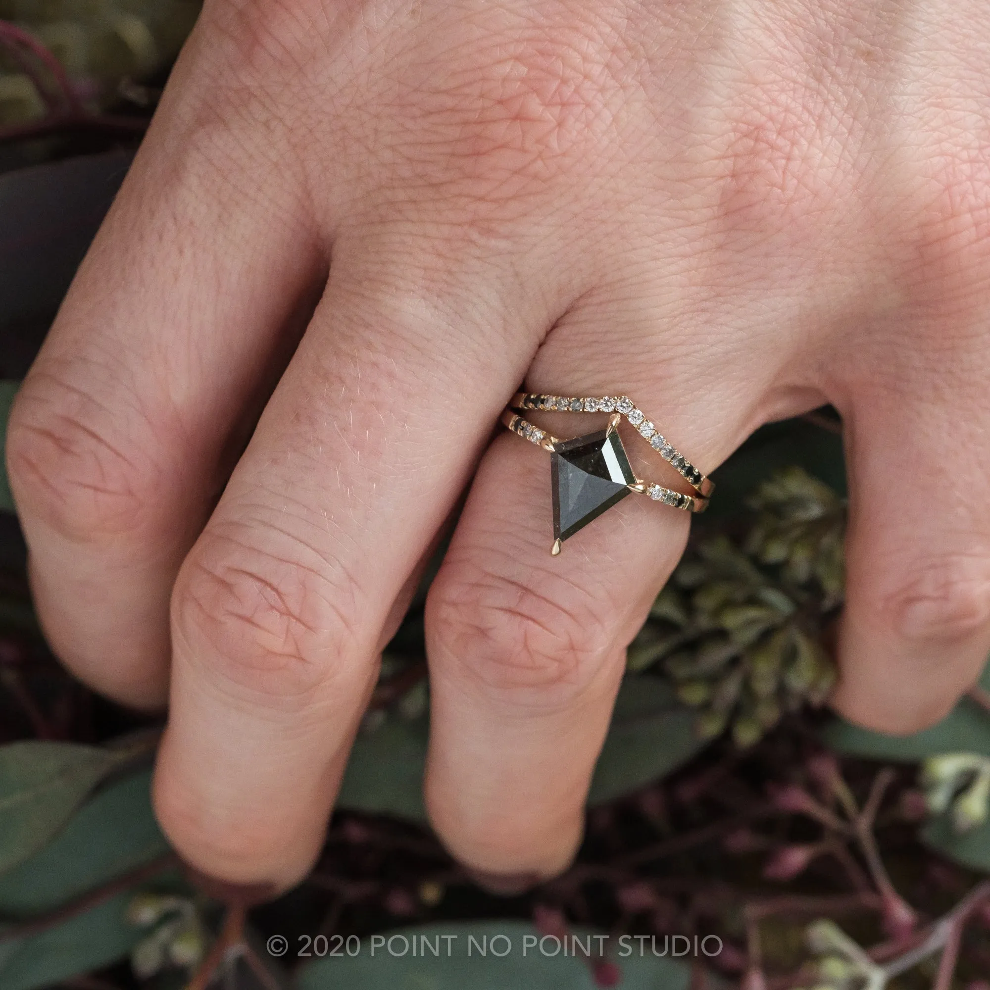2.16 Carat Black Speckled Kite Diamond Engagement Ring, Ombre Jules Setting, 14K Yellow Gold