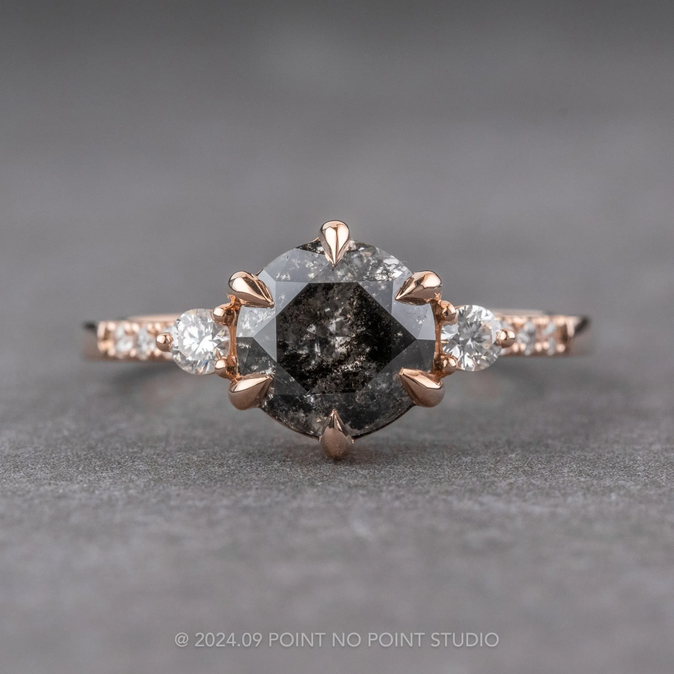 2.23 Carat Black Speckled Round Diamond Engagement Ring, Eliza Setting, 14K Rose Gold