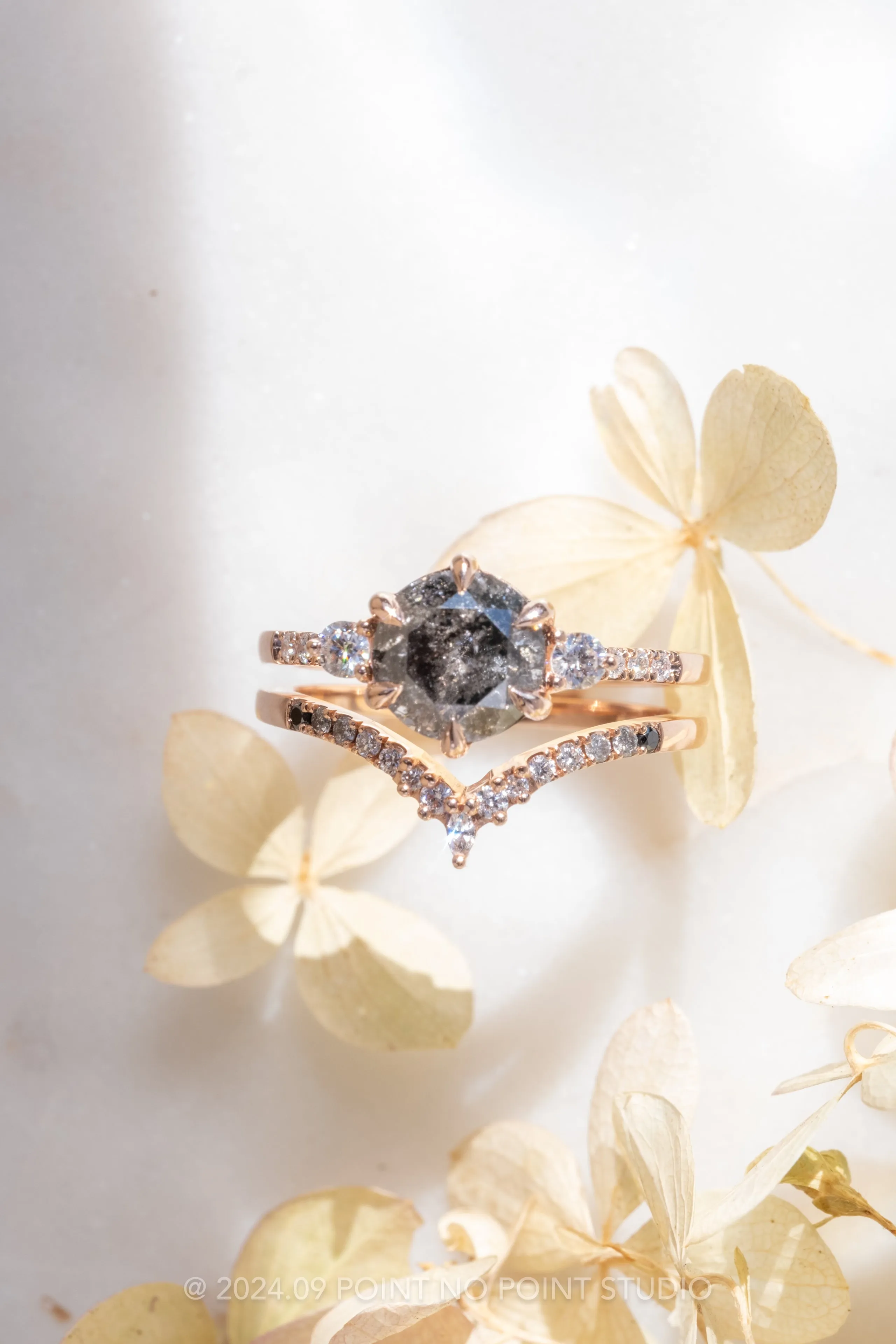 2.23 Carat Black Speckled Round Diamond Engagement Ring, Eliza Setting, 14K Rose Gold