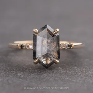 2.43 Carat Black Speckled Hexagon Diamond Engagement Ring, Ombre Lourdes Setting, 14k Yellow Gold